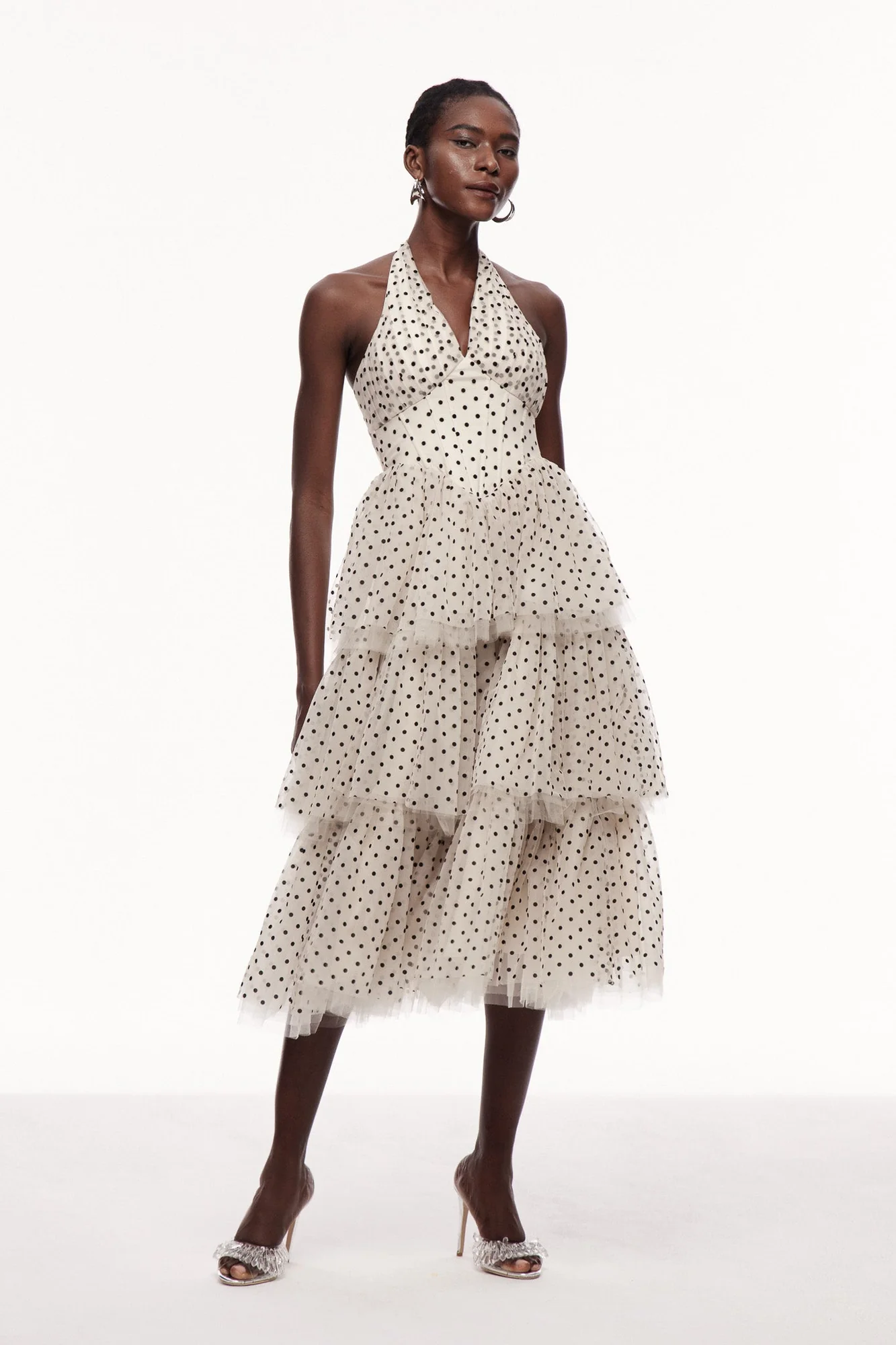 Chic Dot Mesh Halter Neck Maxi Dress in Apricot