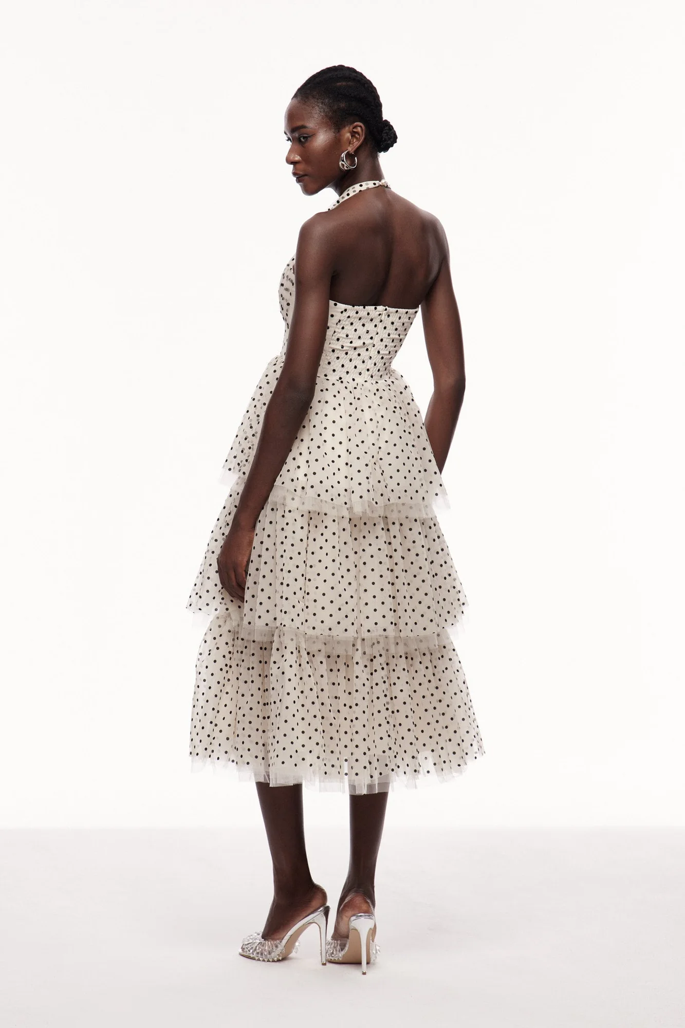 Chic Dot Mesh Halter Neck Maxi Dress in Apricot