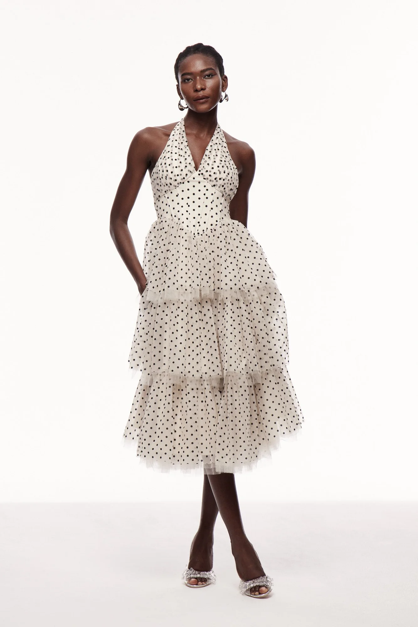 Chic Dot Mesh Halter Neck Maxi Dress in Apricot