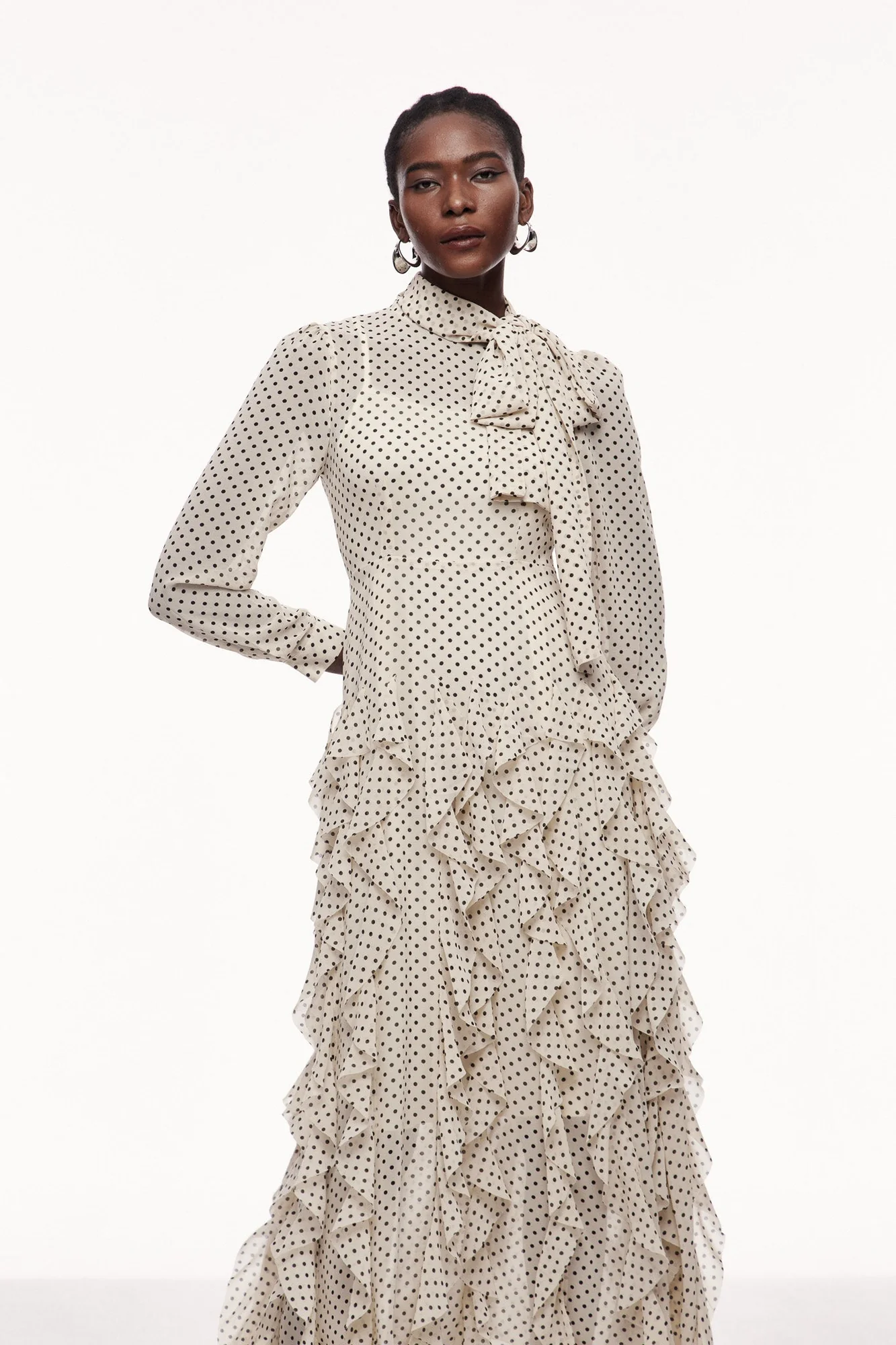 White Polka Dot Bow Ruffle Maxi Dress