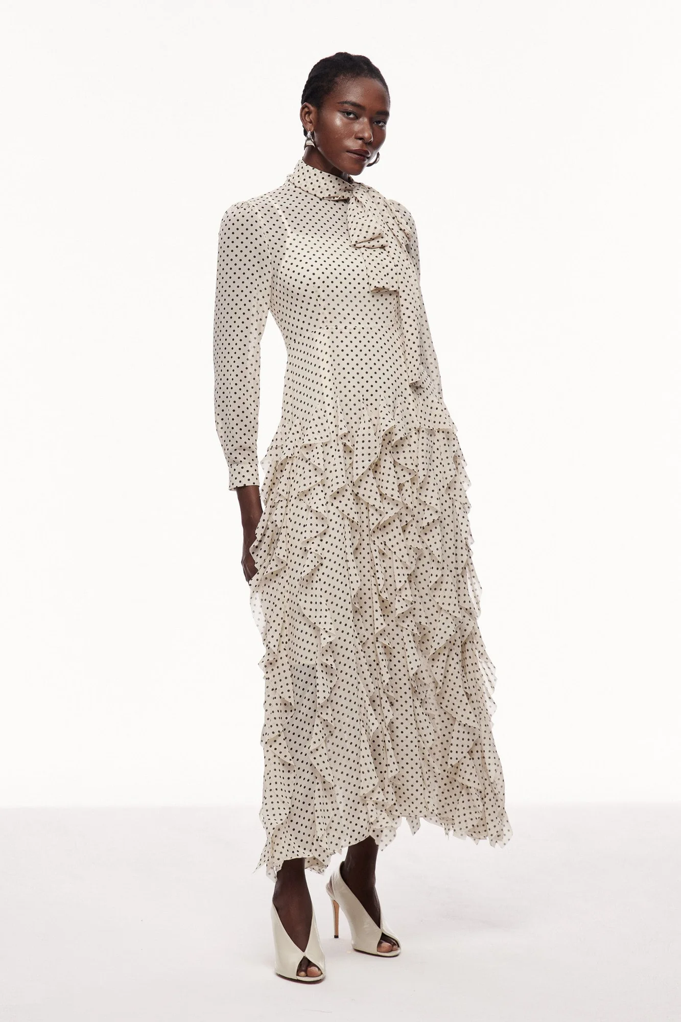 White Polka Dot Bow Ruffle Maxi Dress