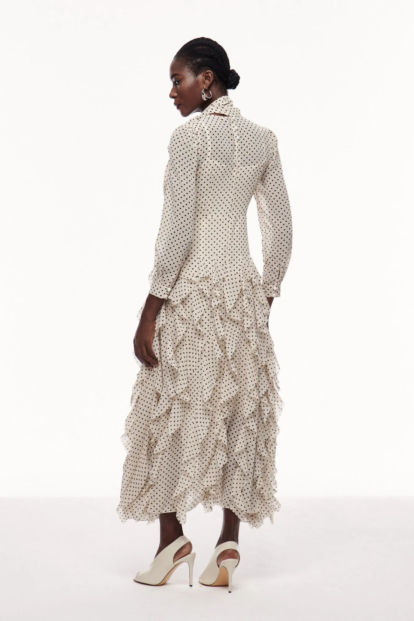 White Polka Dot Bow Ruffle Maxi Dress