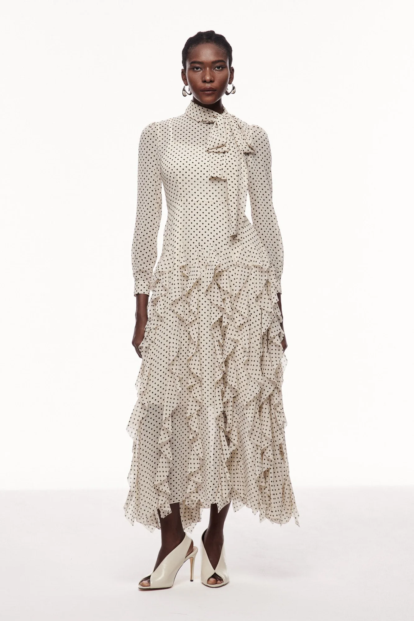 White Polka Dot Bow Ruffle Maxi Dress