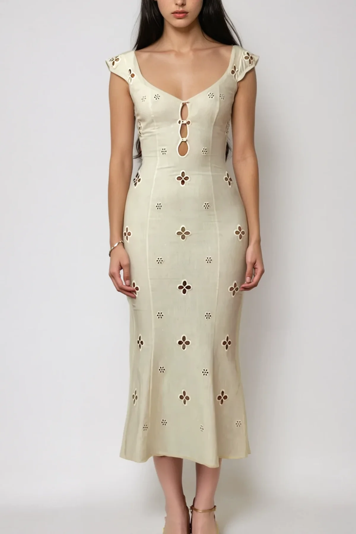 White Floral Cutout Midi Dress