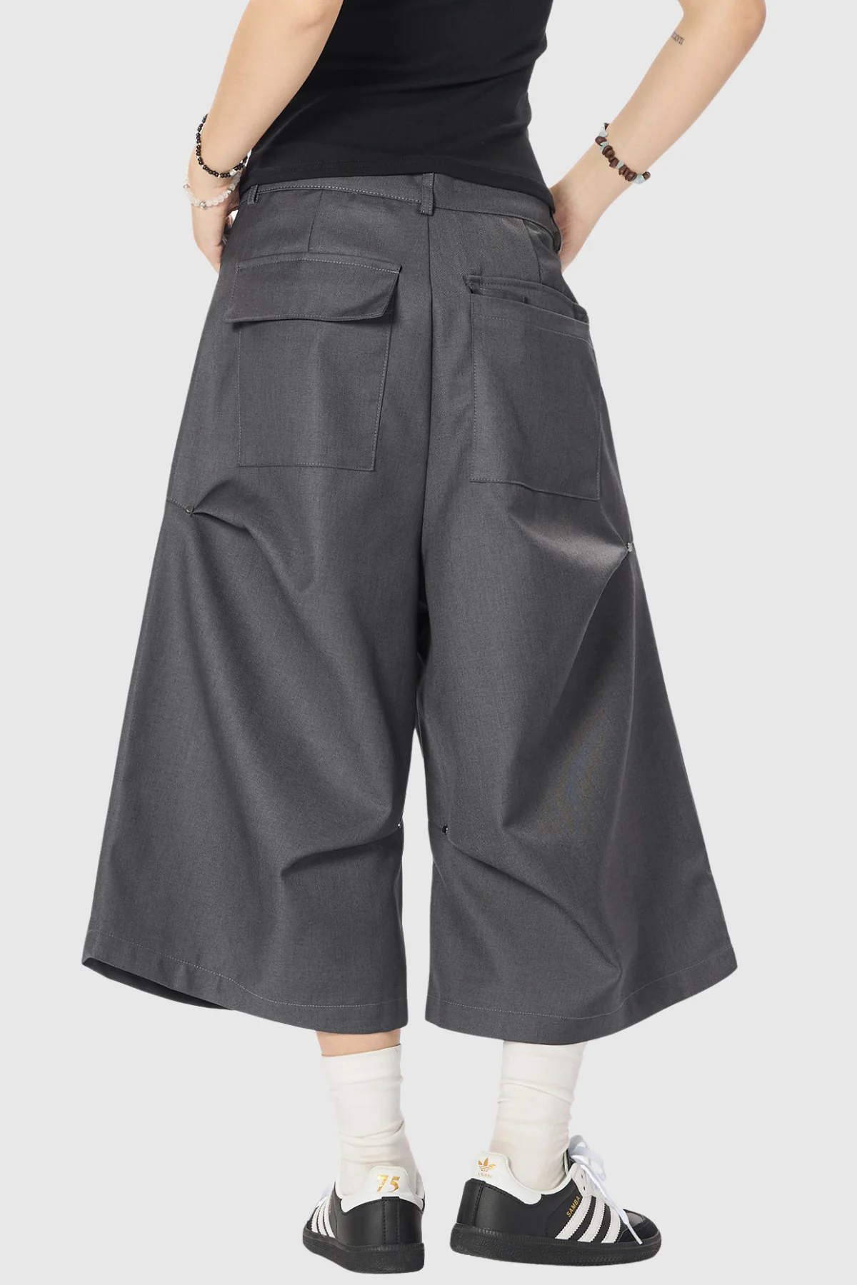Grey Ruched Mid-Length Pants for Modern Sophistication