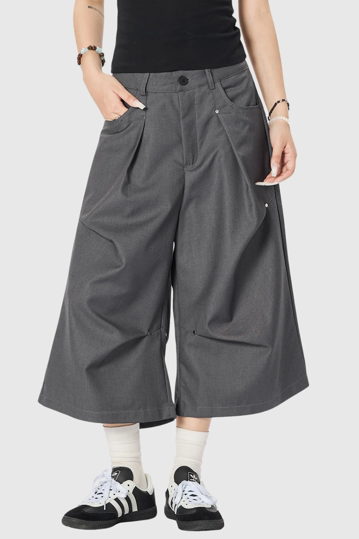 Grey Ruched Mid-Length Pants for Modern Sophistication