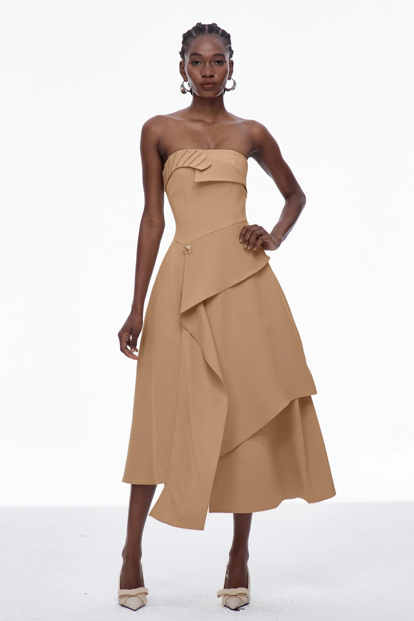 Elegant Khaki Asymmetric Strapless Maxi Dress