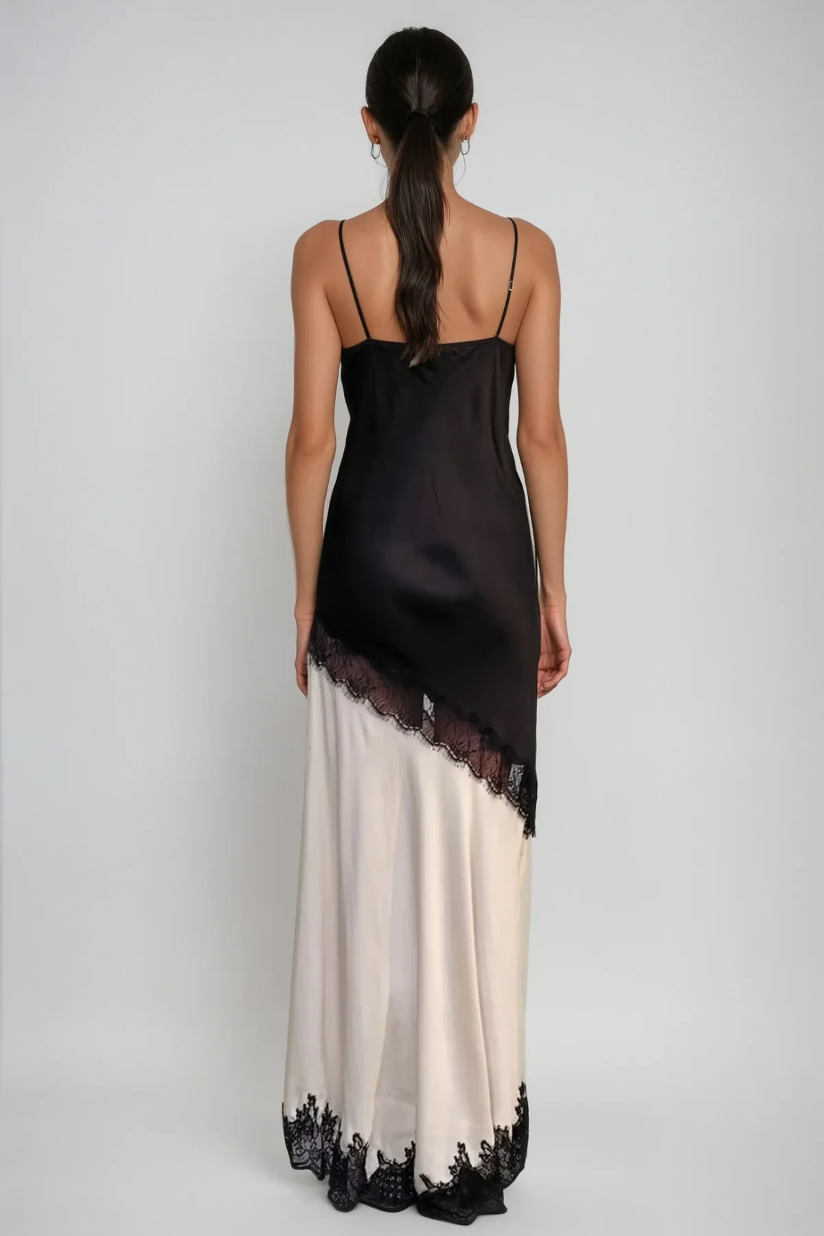 Black Lace Plunge Satin Maxi Dress