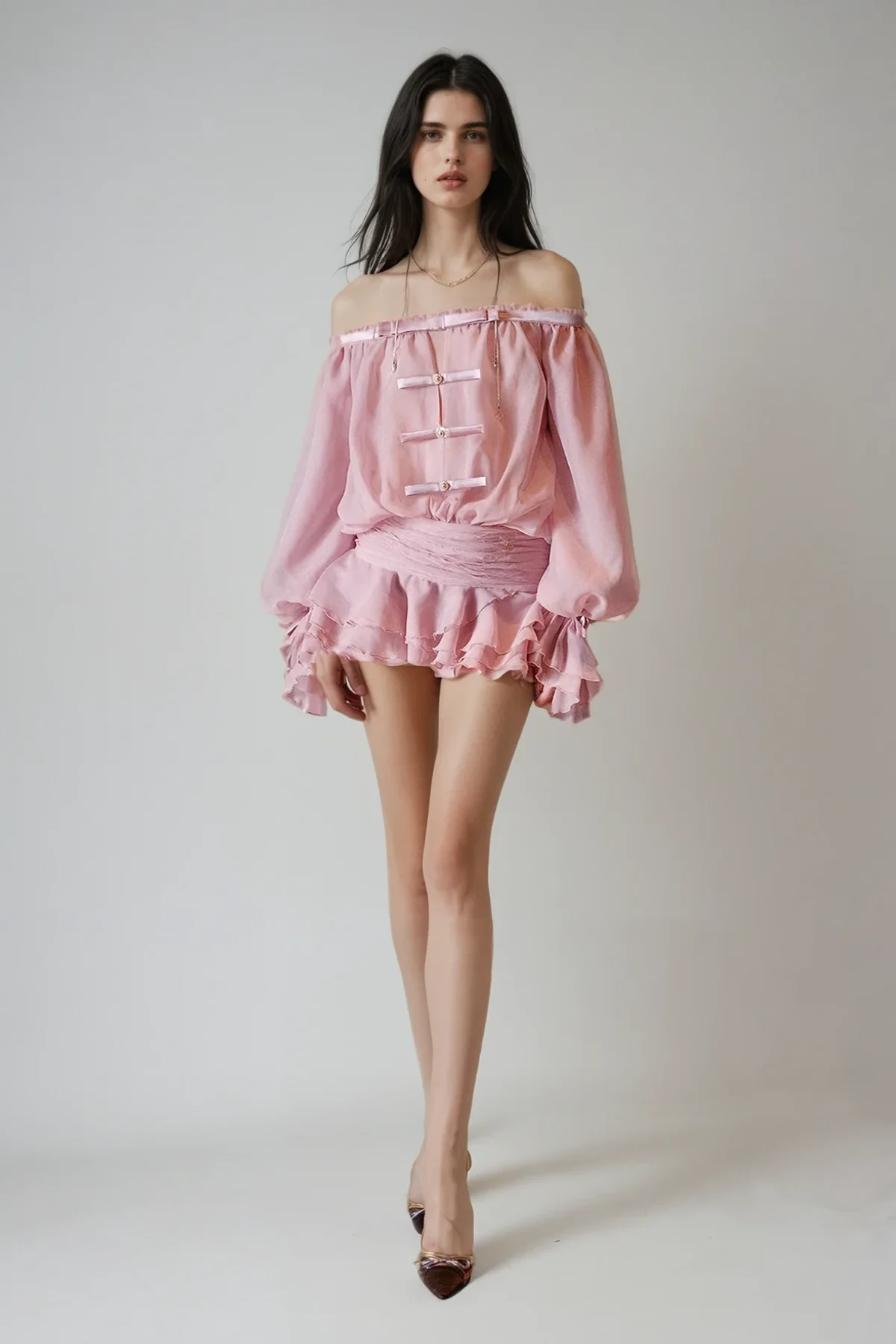 Pink Off Shoulder Ruched Mini Dress with Bow Detail