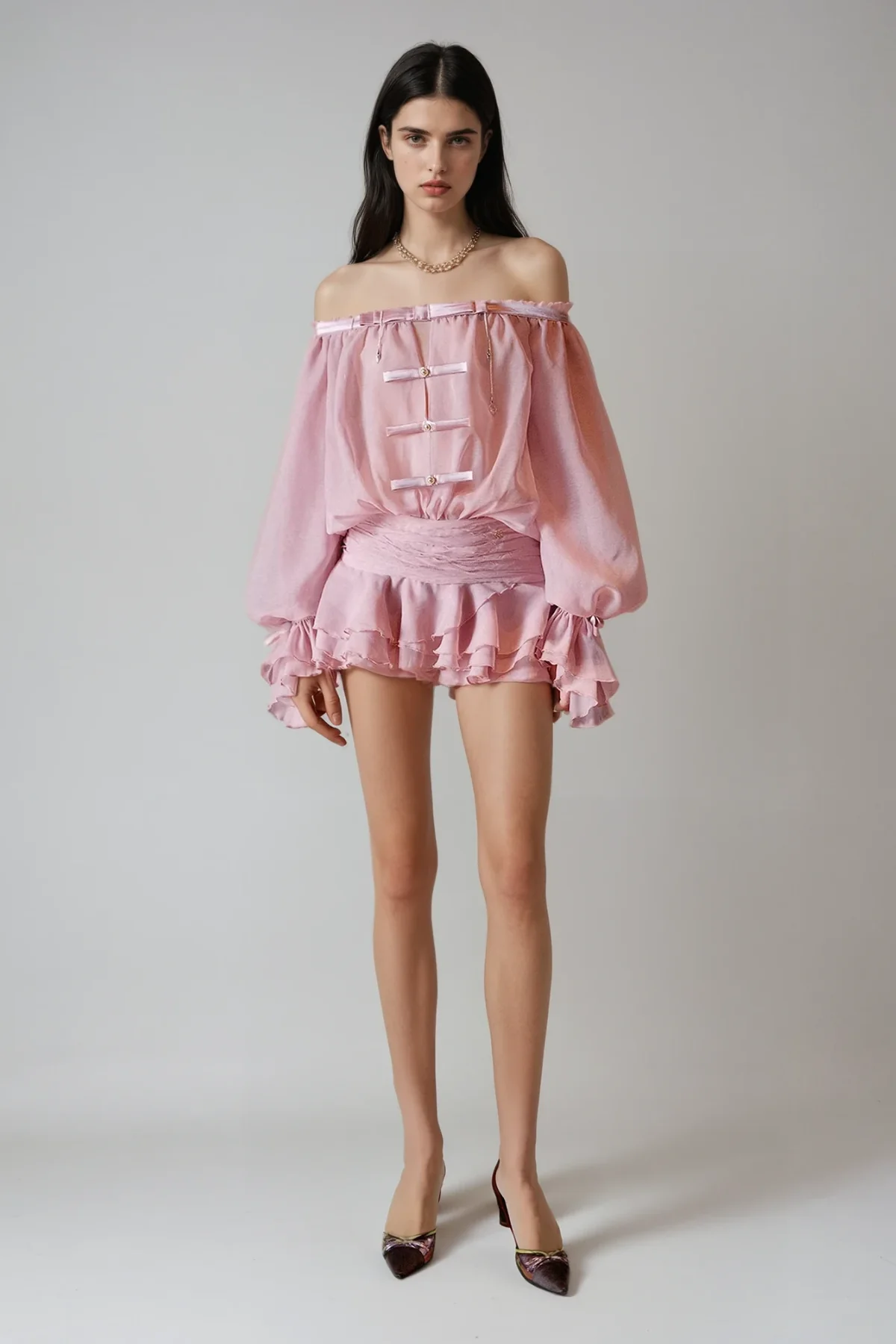 Pink Off Shoulder Ruched Mini Dress with Bow Detail