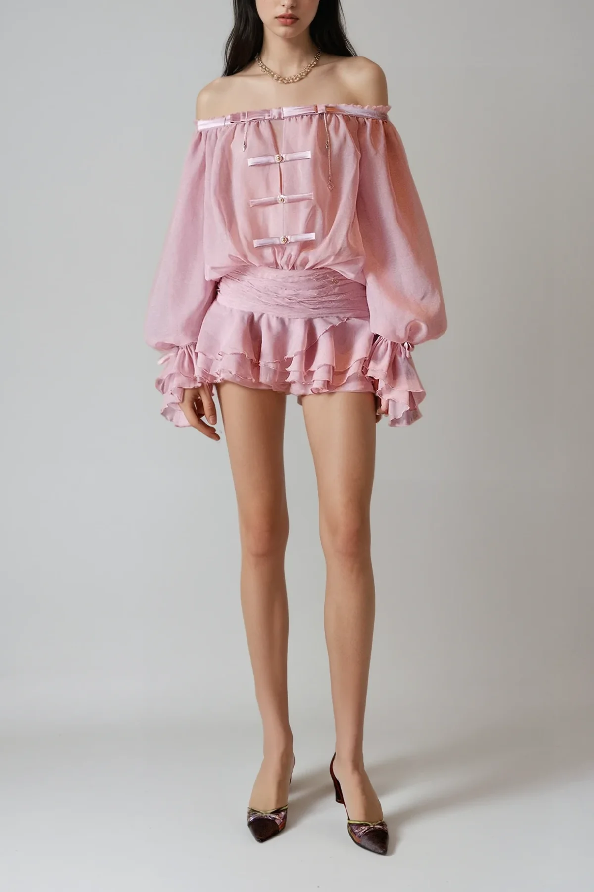 Pink Off Shoulder Ruched Mini Dress with Bow Detail