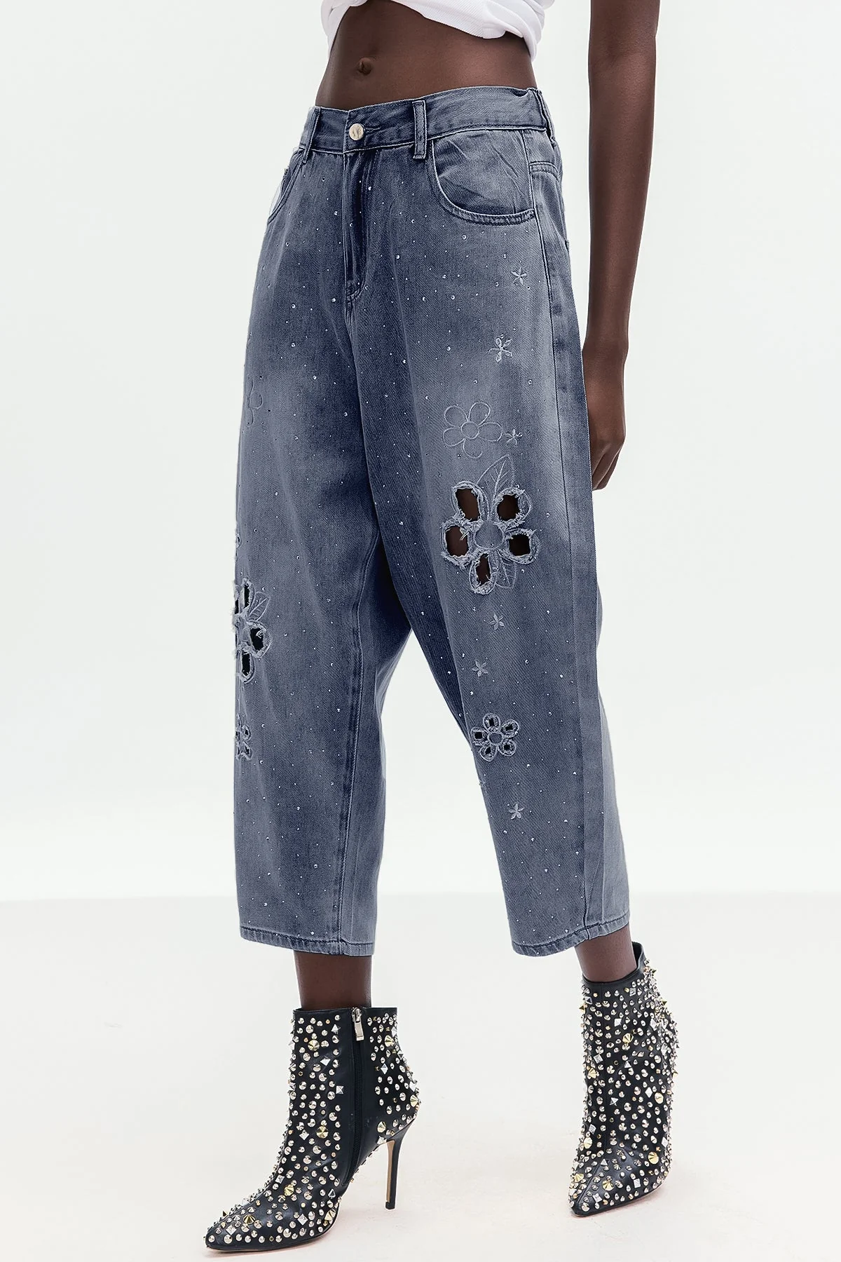 Deep Blue Floral Cutout Denim Jeans