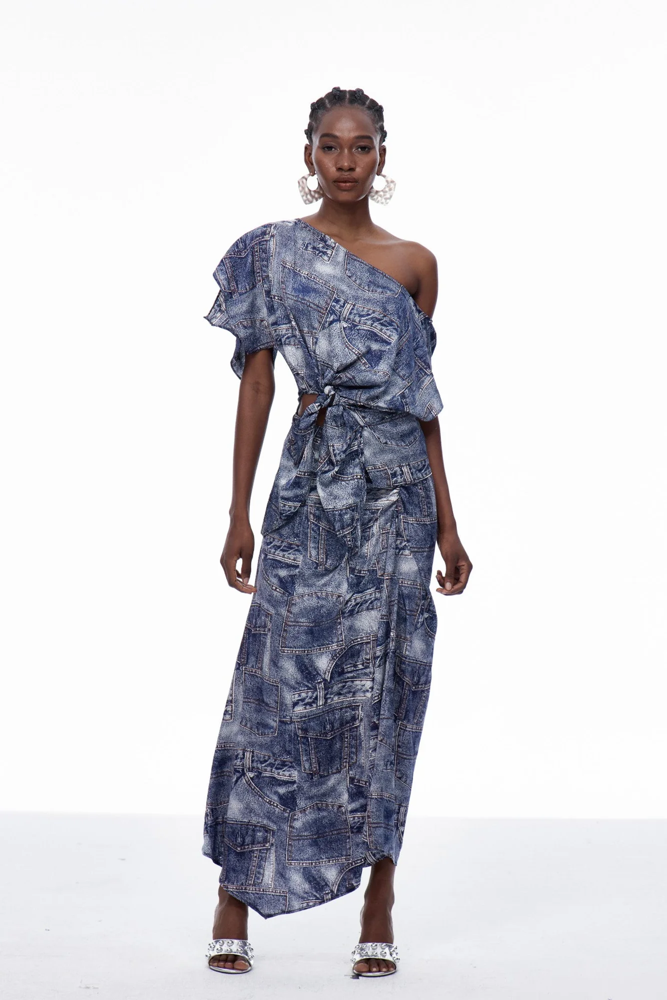 Blue Printed One Shoulder Tie-Up Skirt Set