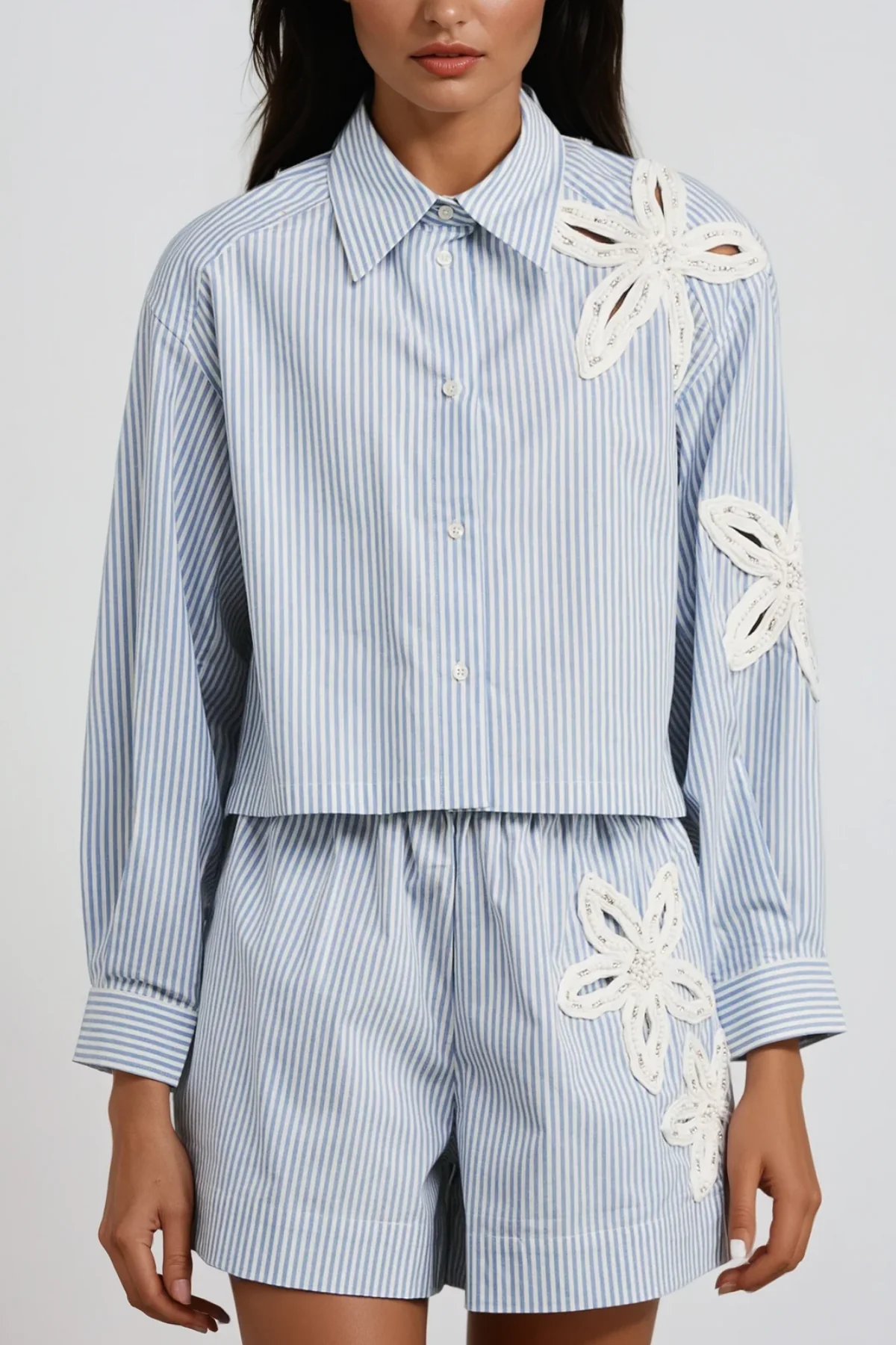 Chic Blue Stripe Flower Cutout Pants