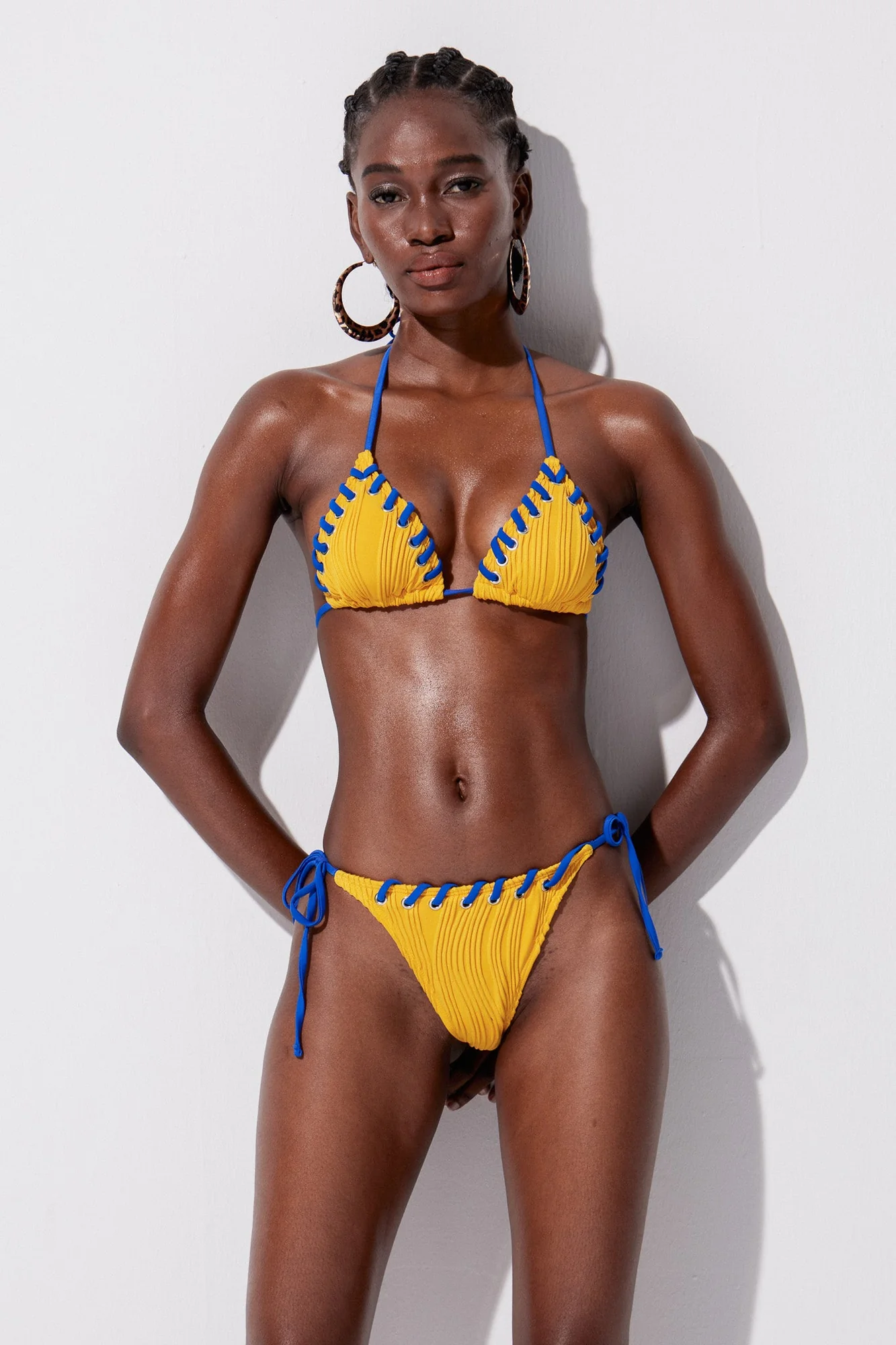 Yellow Striped Halter Neck Swimwear for Women