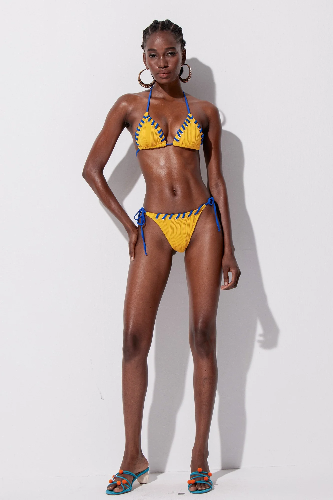 Yellow Striped Halter Neck Swimwear for Women