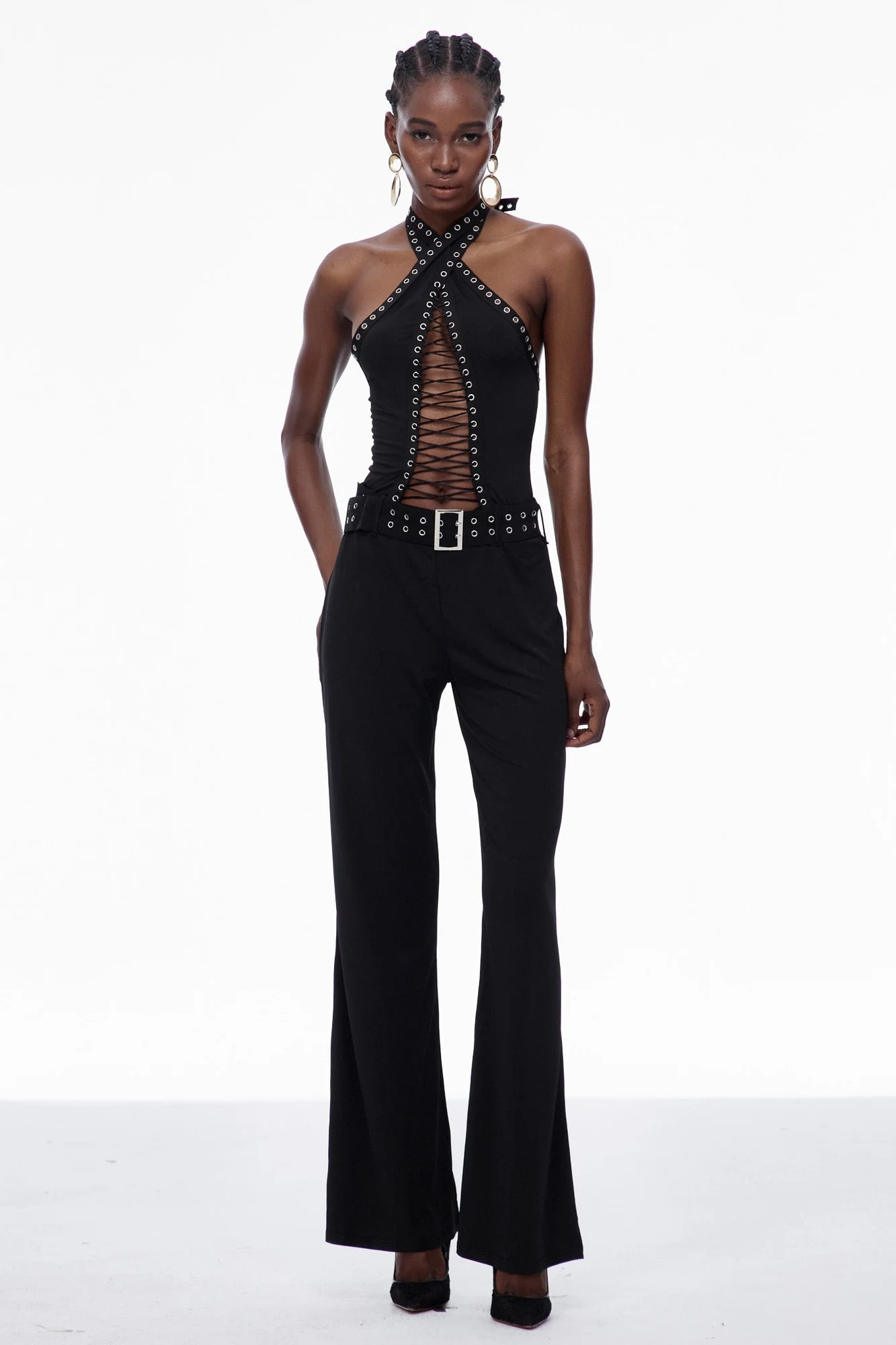 Black Cutout Lace-Up Jumpsuit with Embellishments