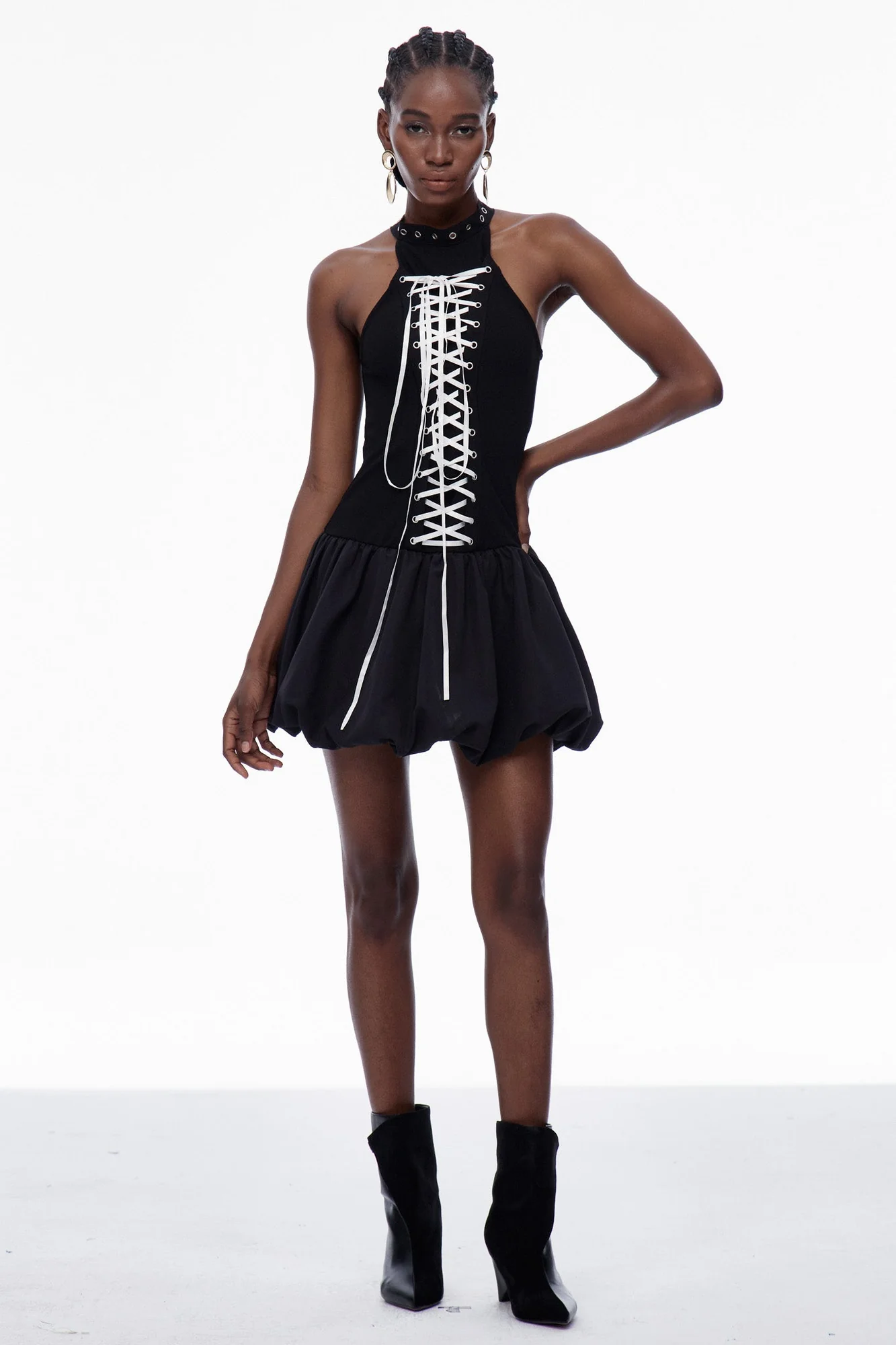 Mini Black Lace-Up Puffy Dress with Puff Sleeves