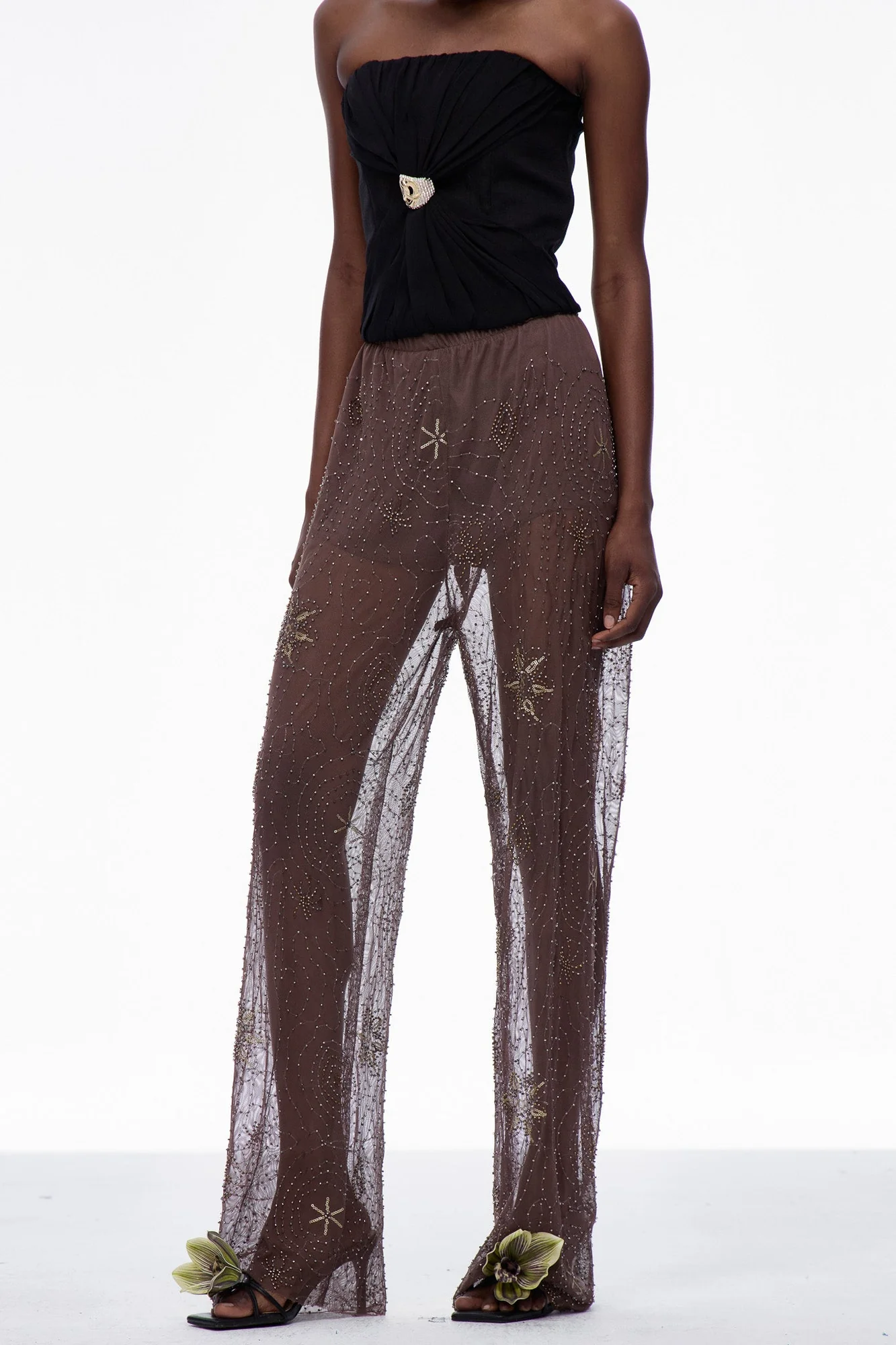 Sequin Embroidered Brown Pants for Statement Style