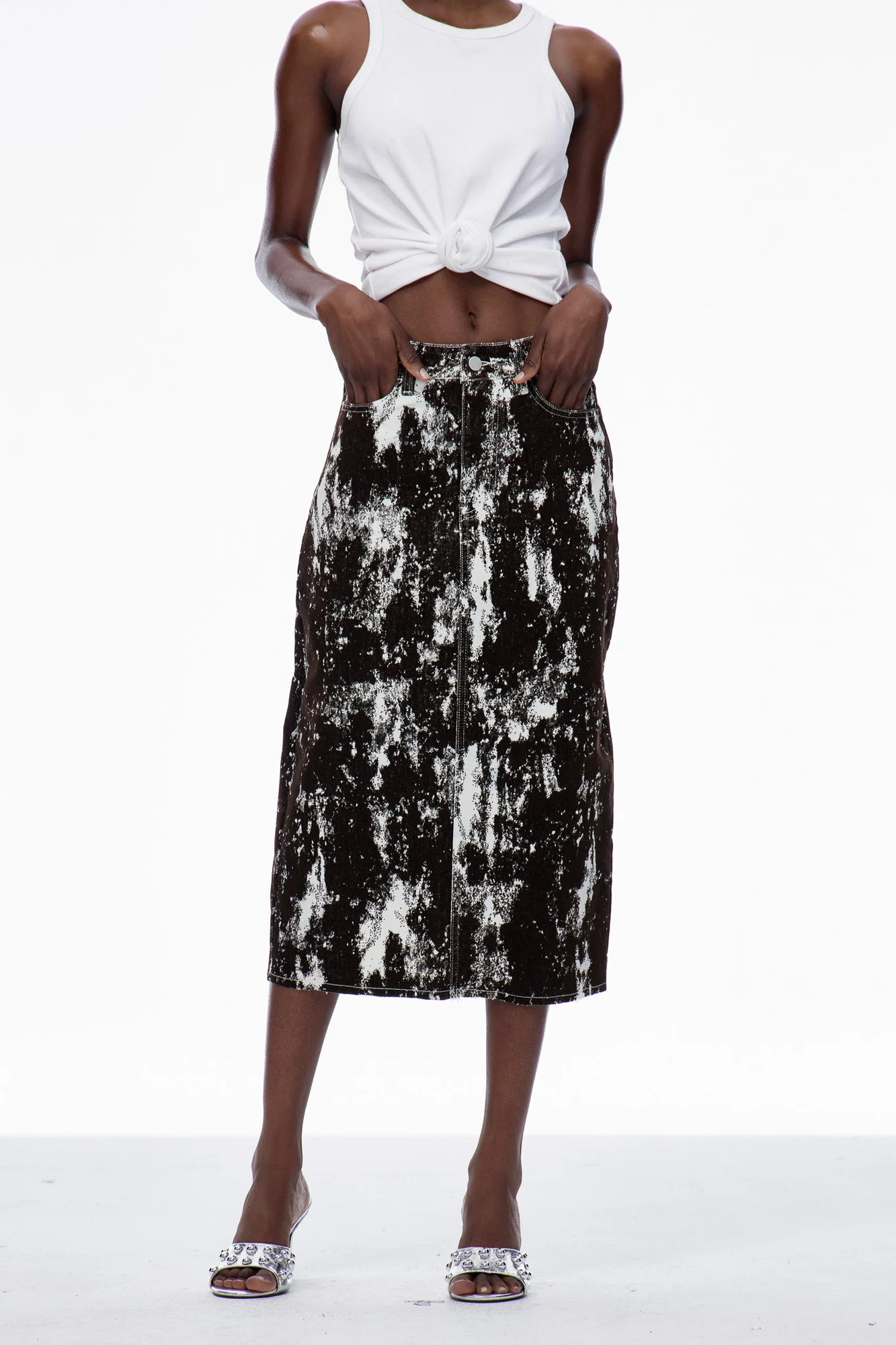 Black Denim Printed Maxi Skirt for Women