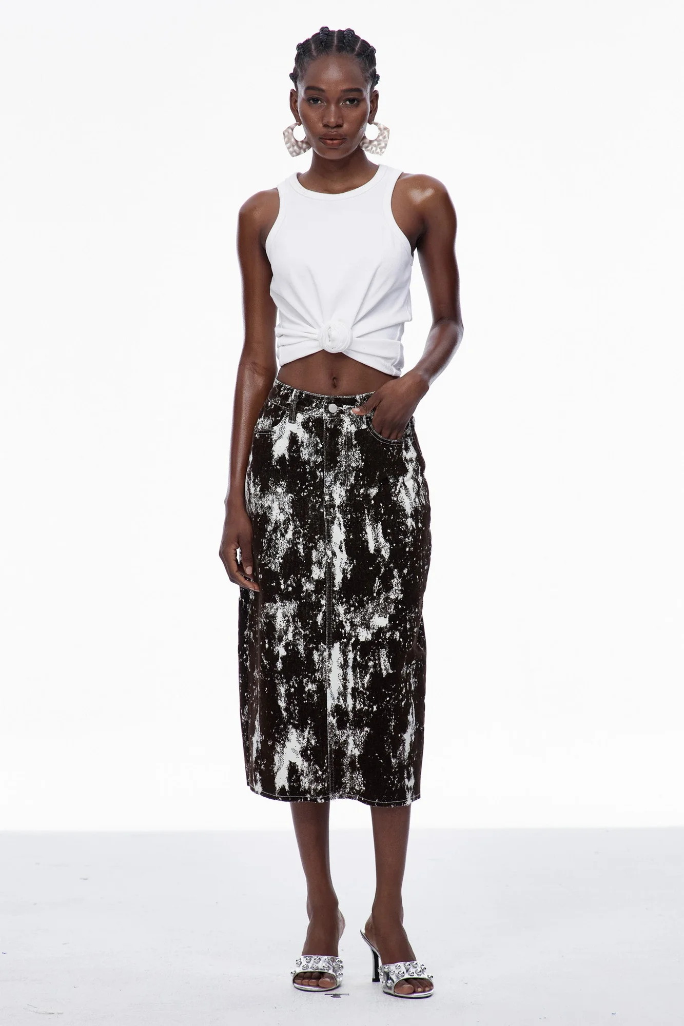 Black Denim Printed Maxi Skirt for Women