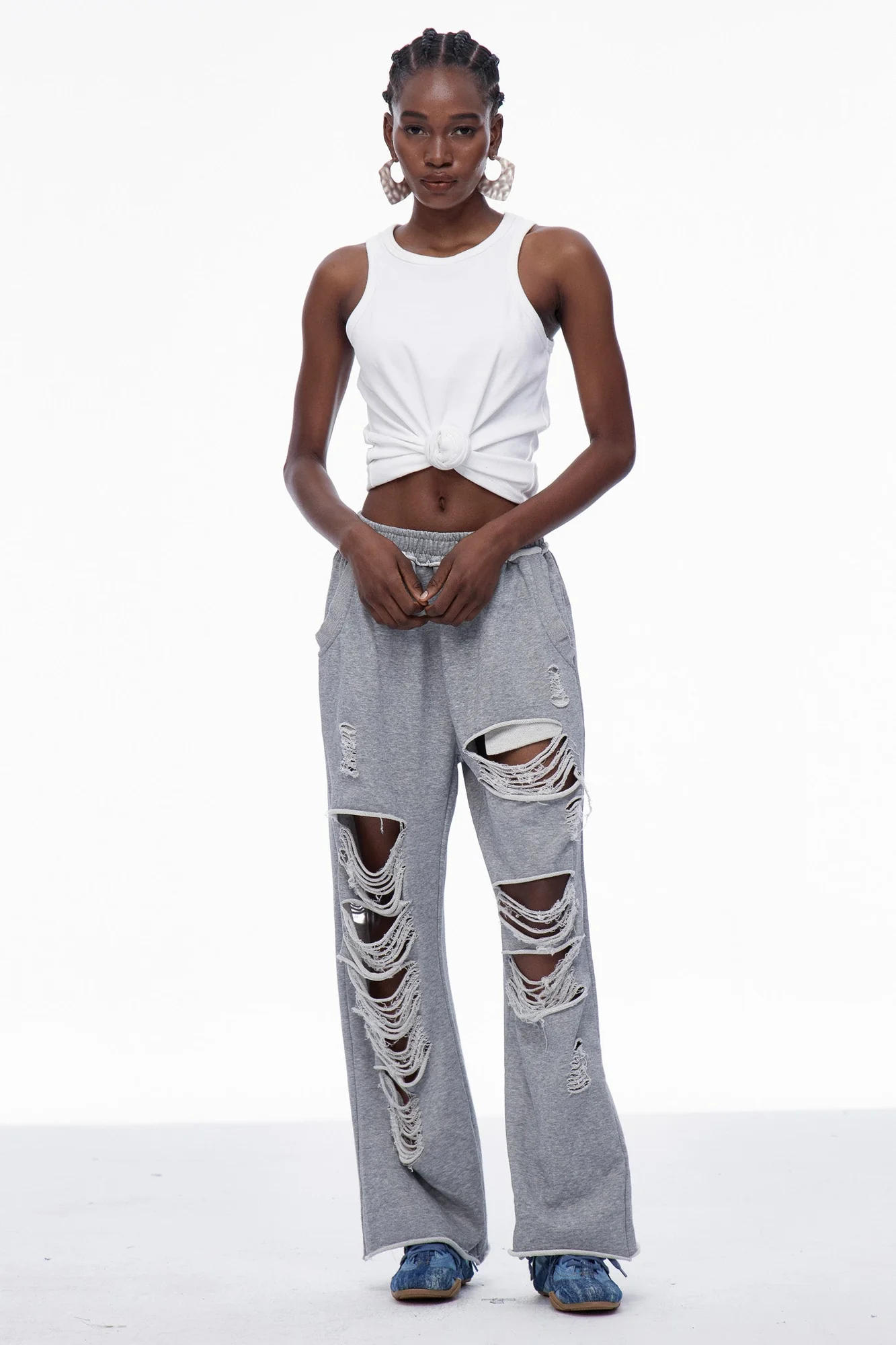 Grey Cutout Torn Pants - Urban Edge Style