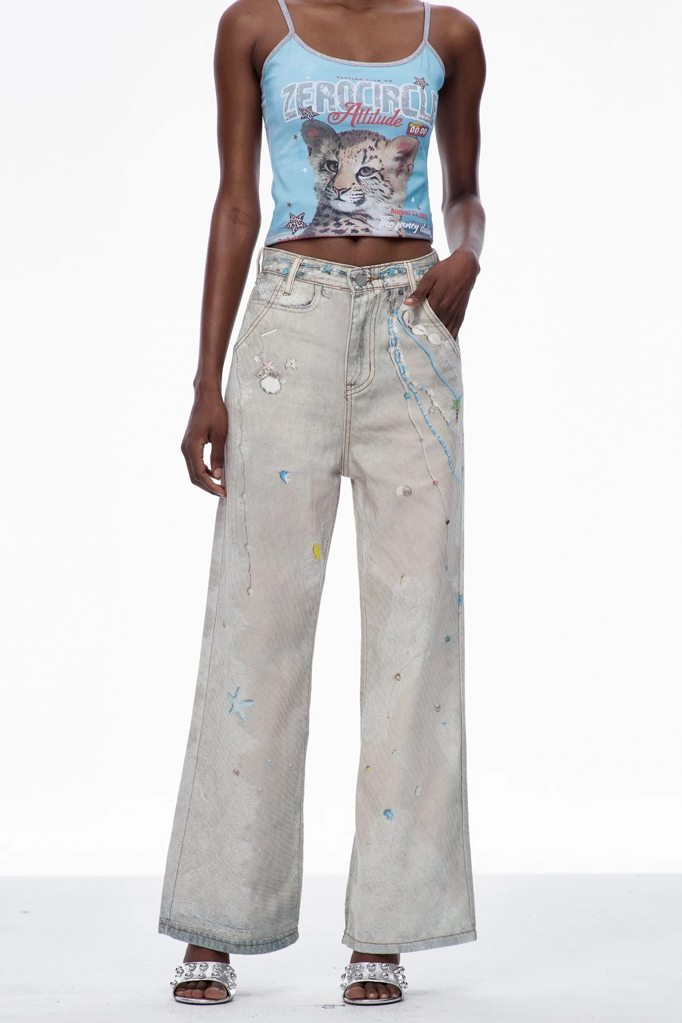 Bleached Print Denim Jeans for Stylish Looks