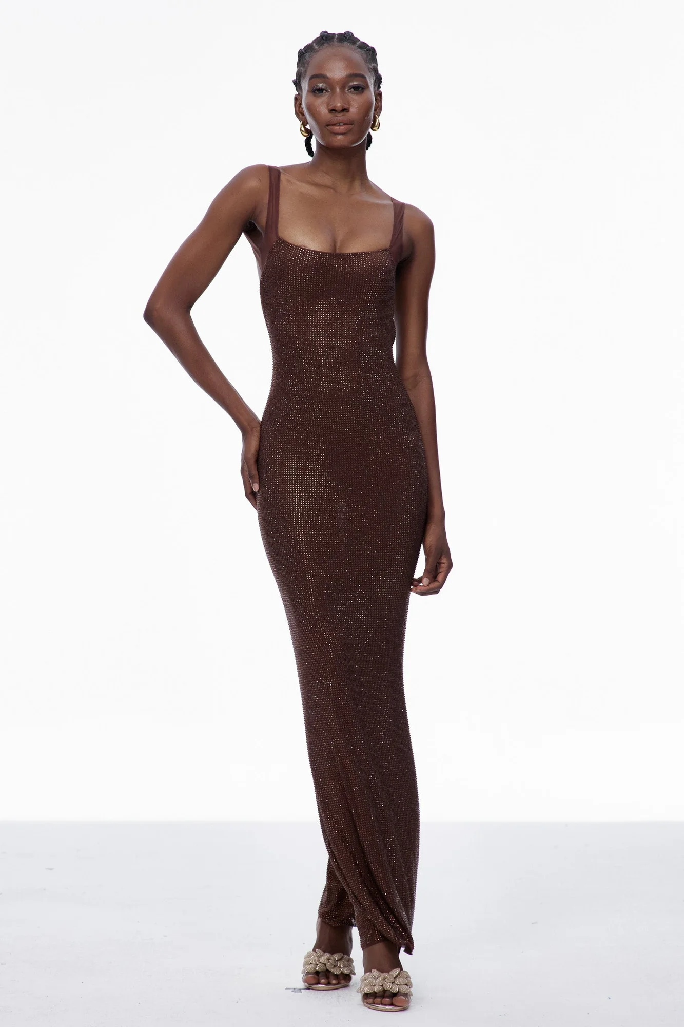 Brown Sequin Backless Maxi Dress for Formal Events
