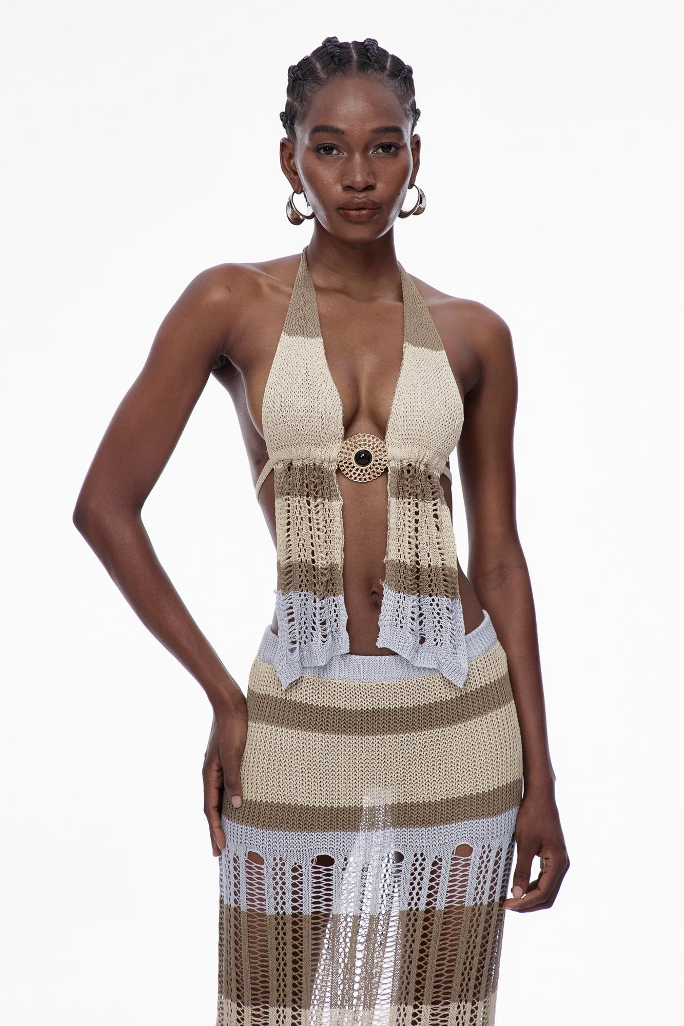 Elegant Backless Knit Skirt Set in Khaki