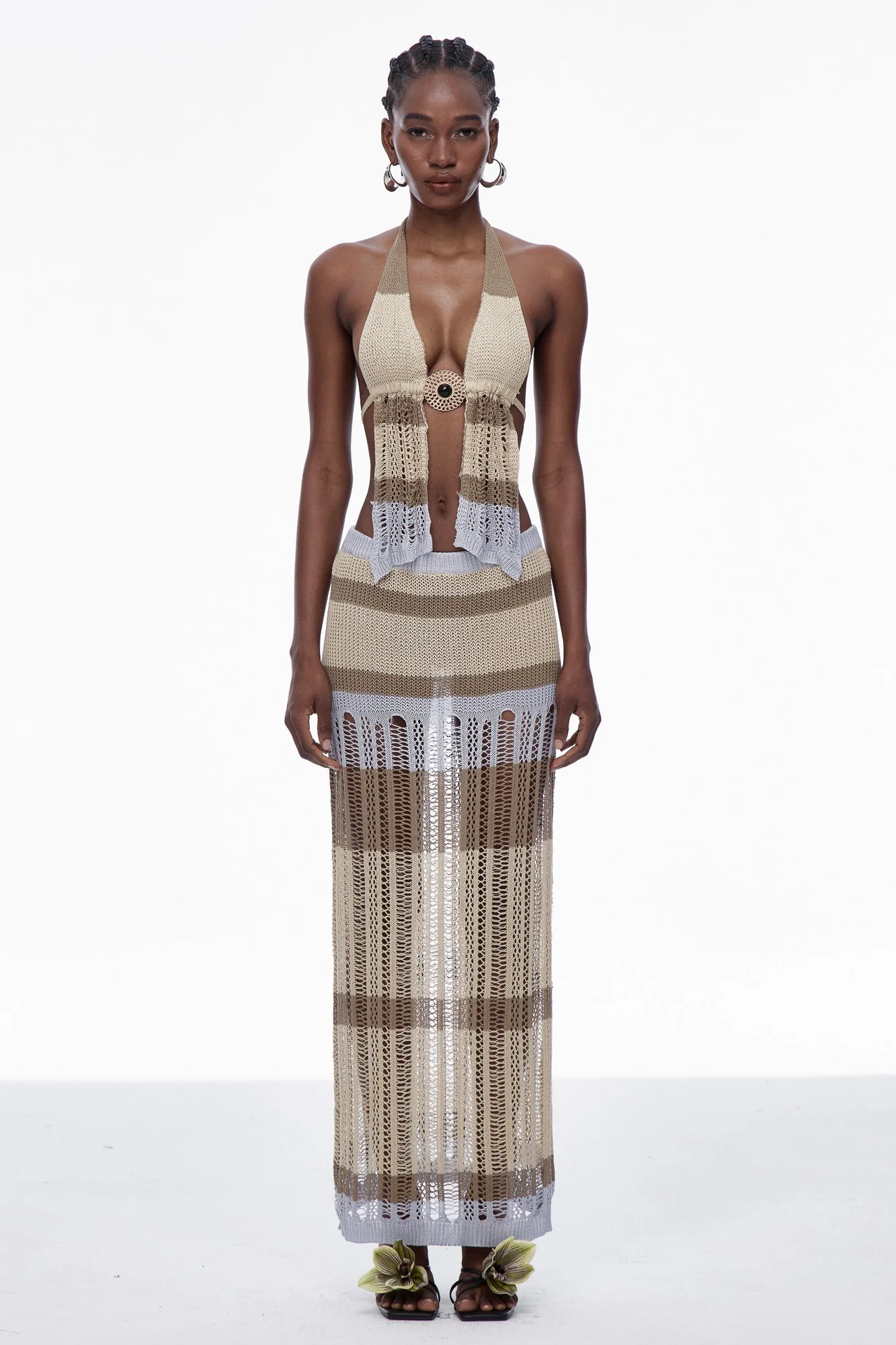 Elegant Backless Knit Skirt Set in Khaki