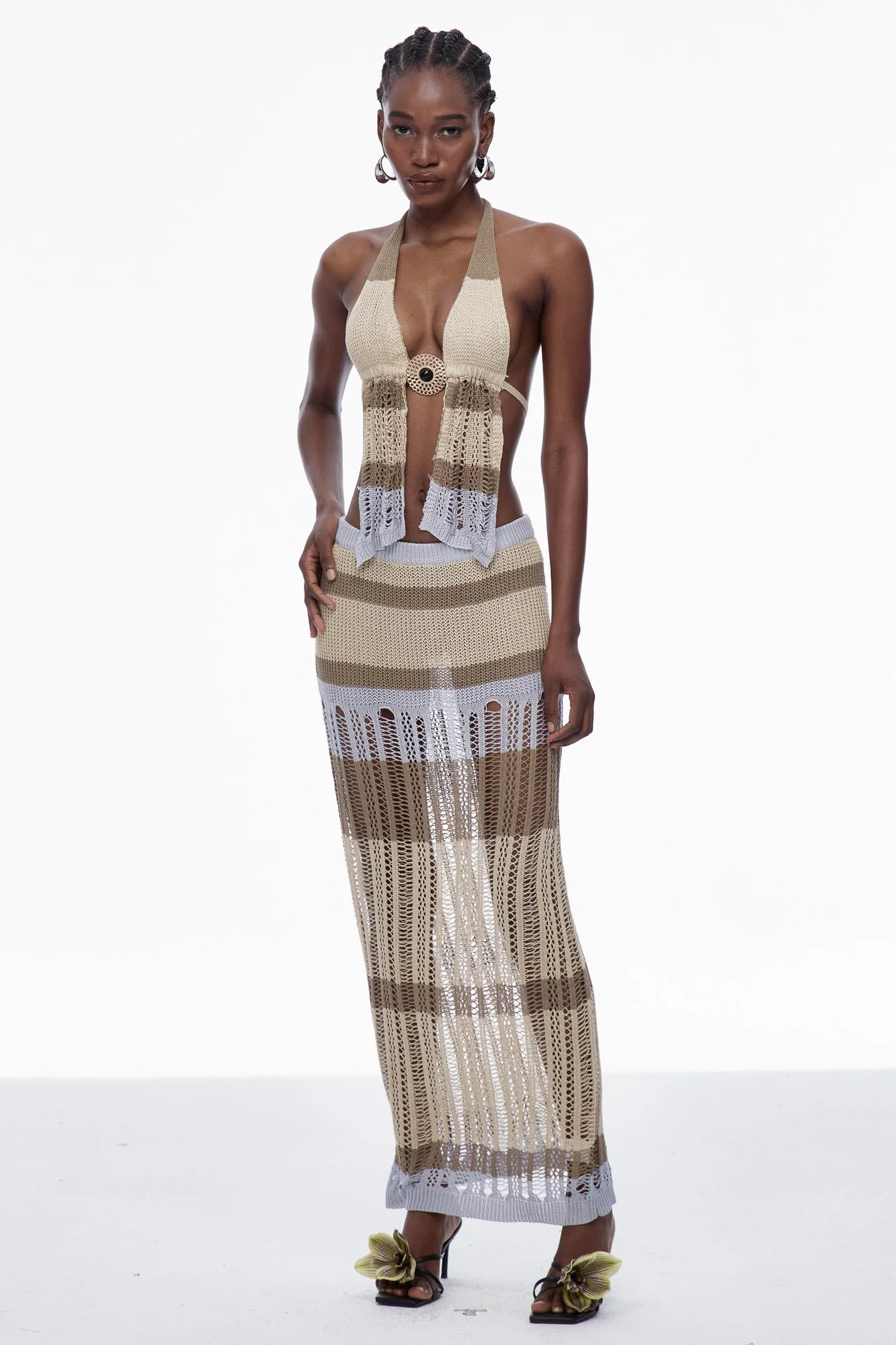 Elegant Backless Knit Skirt Set in Khaki