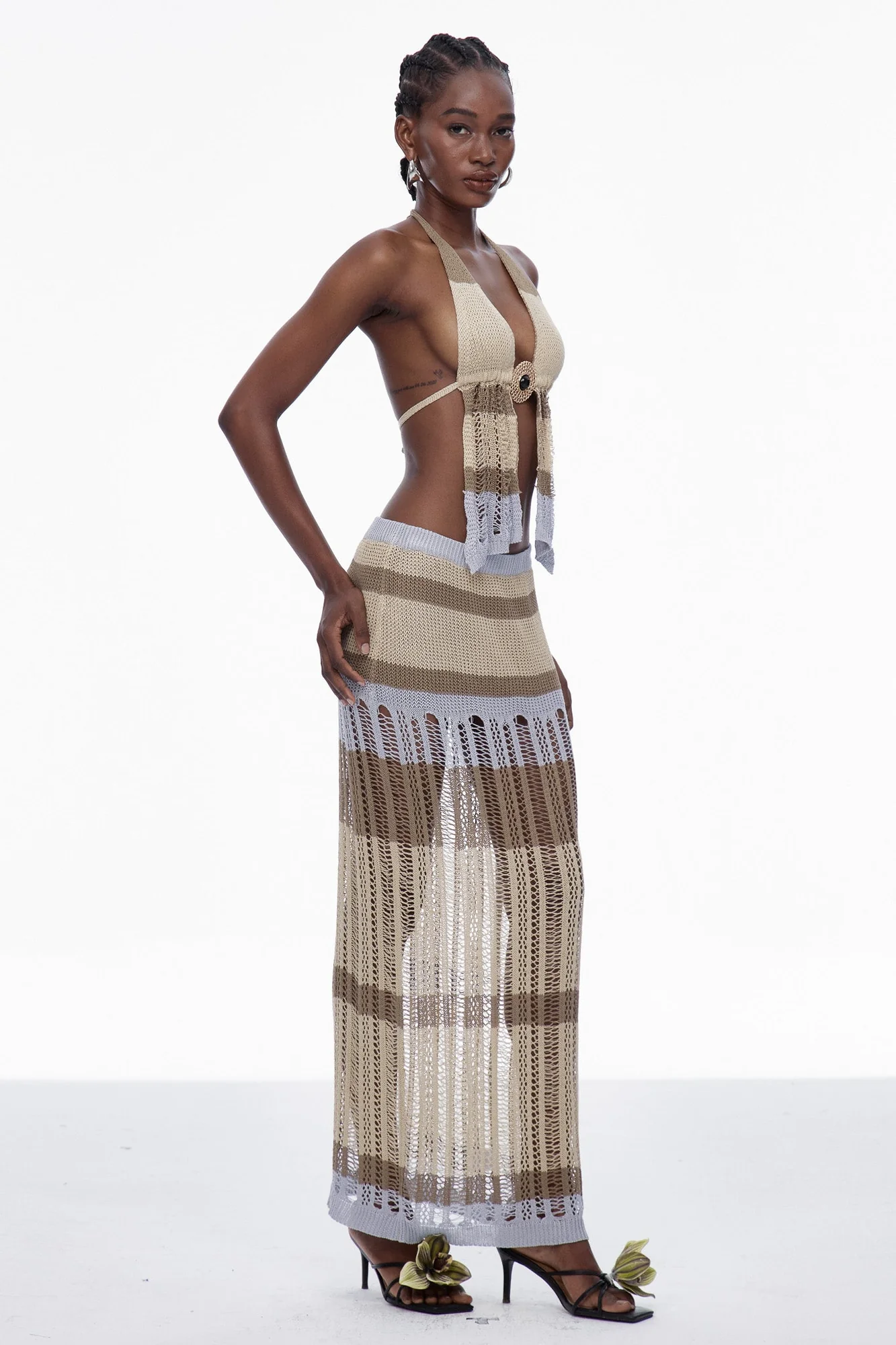 Elegant Backless Knit Skirt Set in Khaki