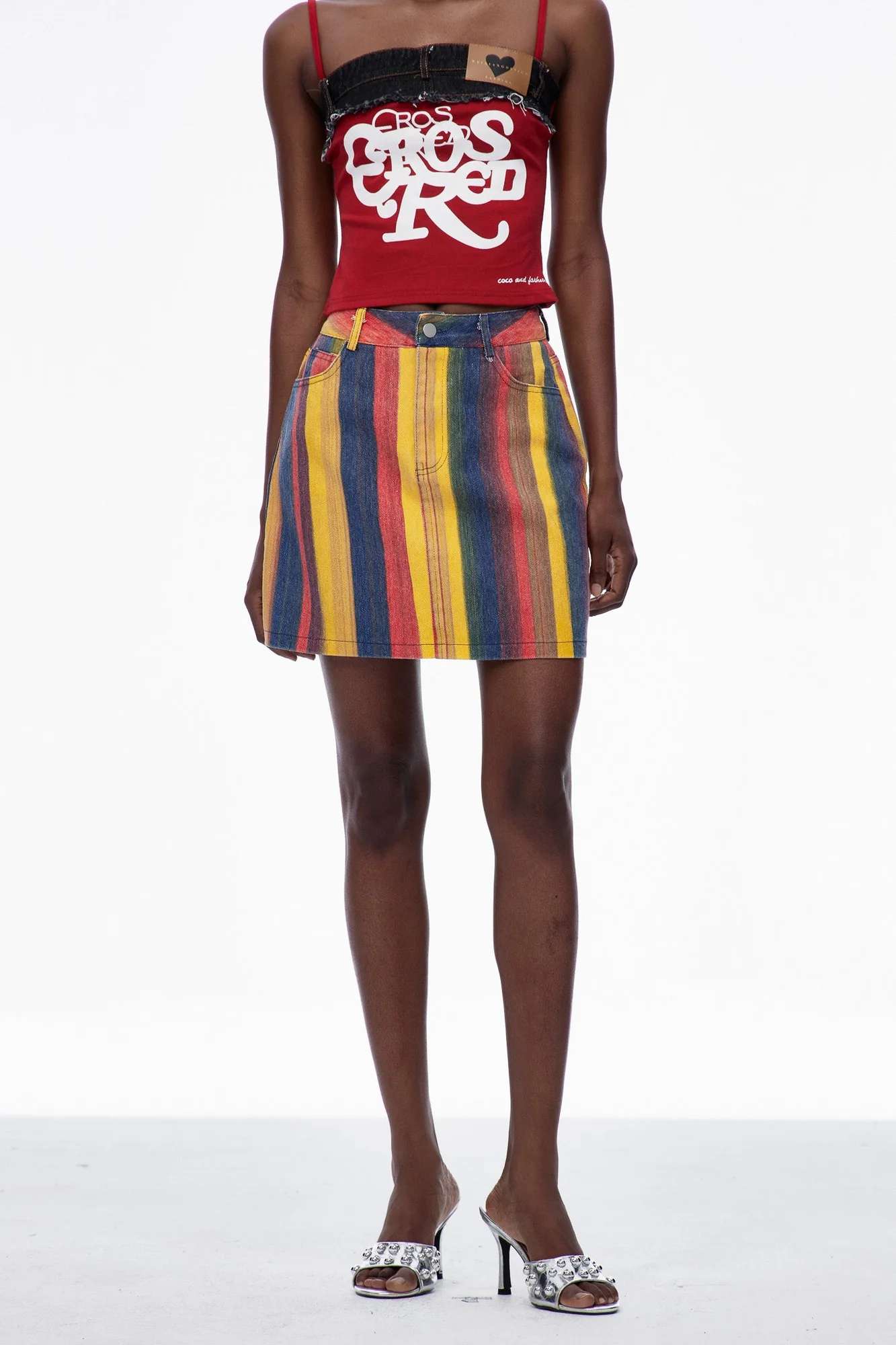 Red Stripe Denim Mini Skirt: Urban Edge Fashion Statement