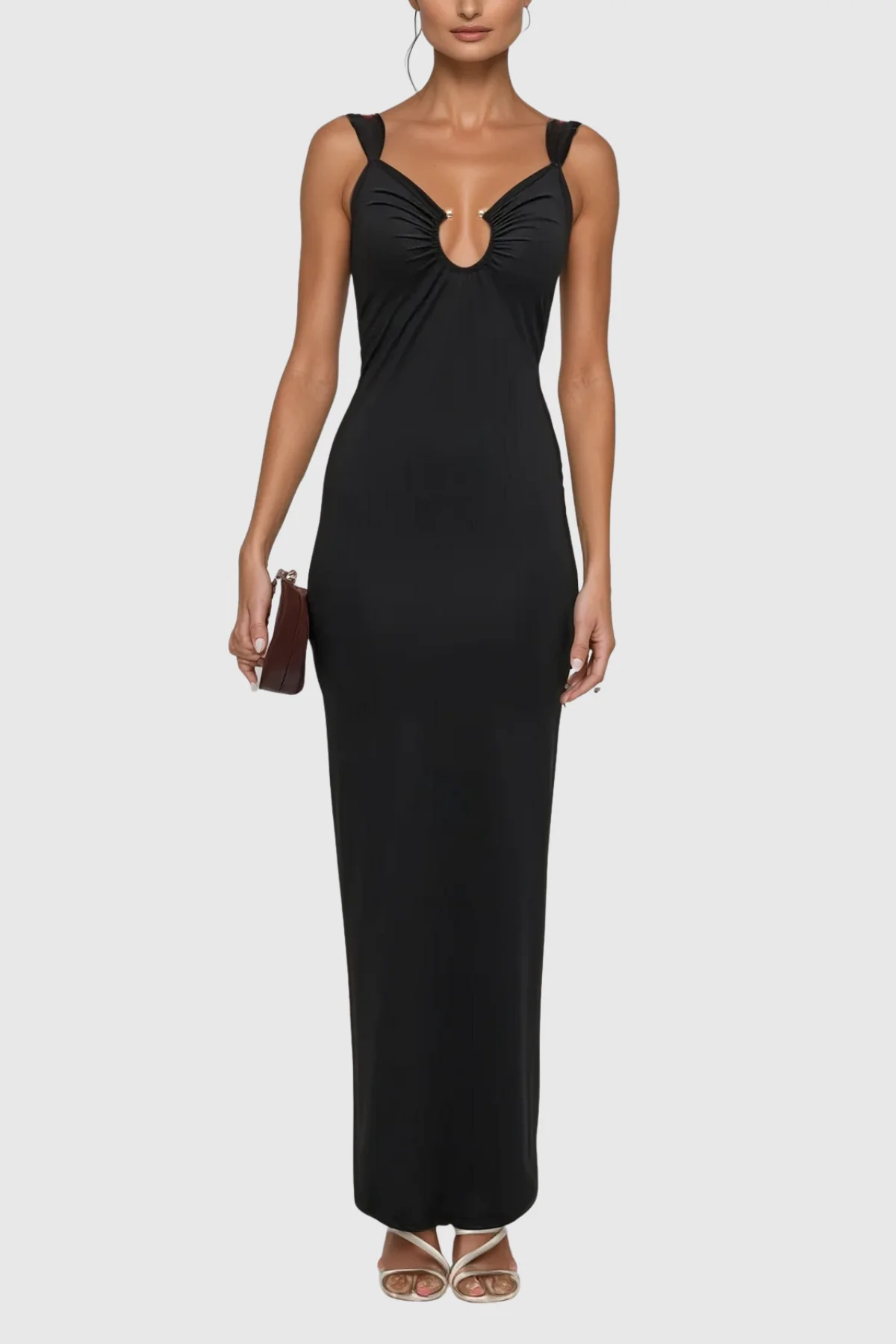 Elegant Black Ruched Maxi Dress with Cutout Detail