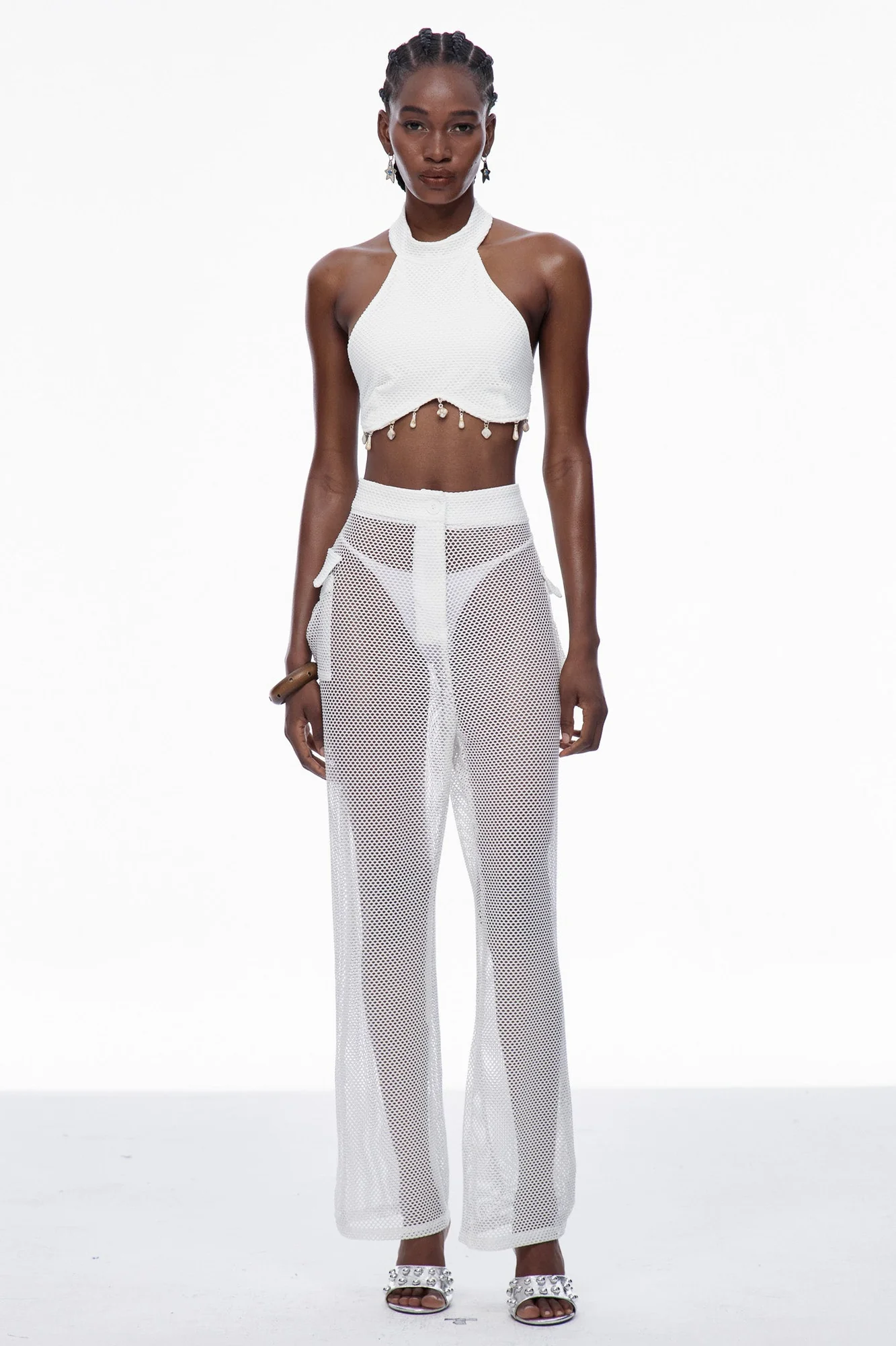 White Knit Cutout Pants Set