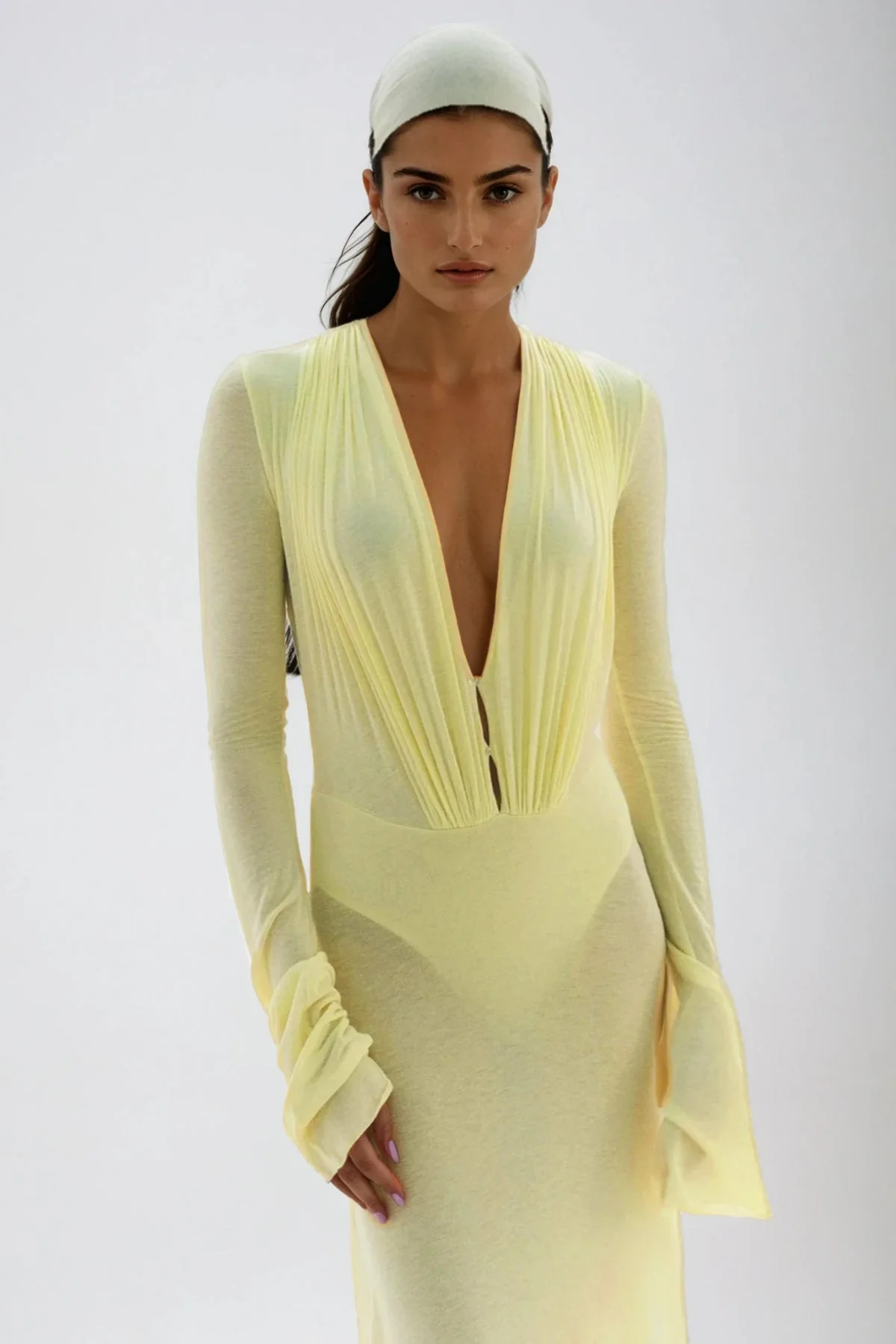 Yellow Ruched Maxi Dress - Elegant Plunge Design