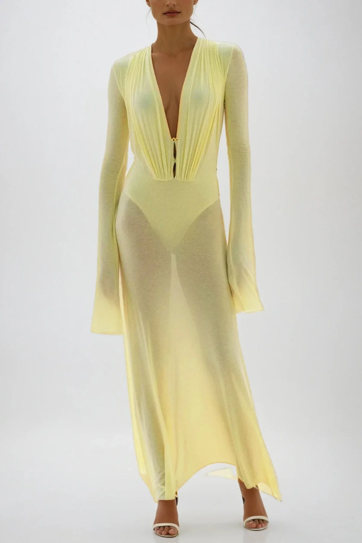 Yellow Ruched Maxi Dress - Elegant Plunge Design