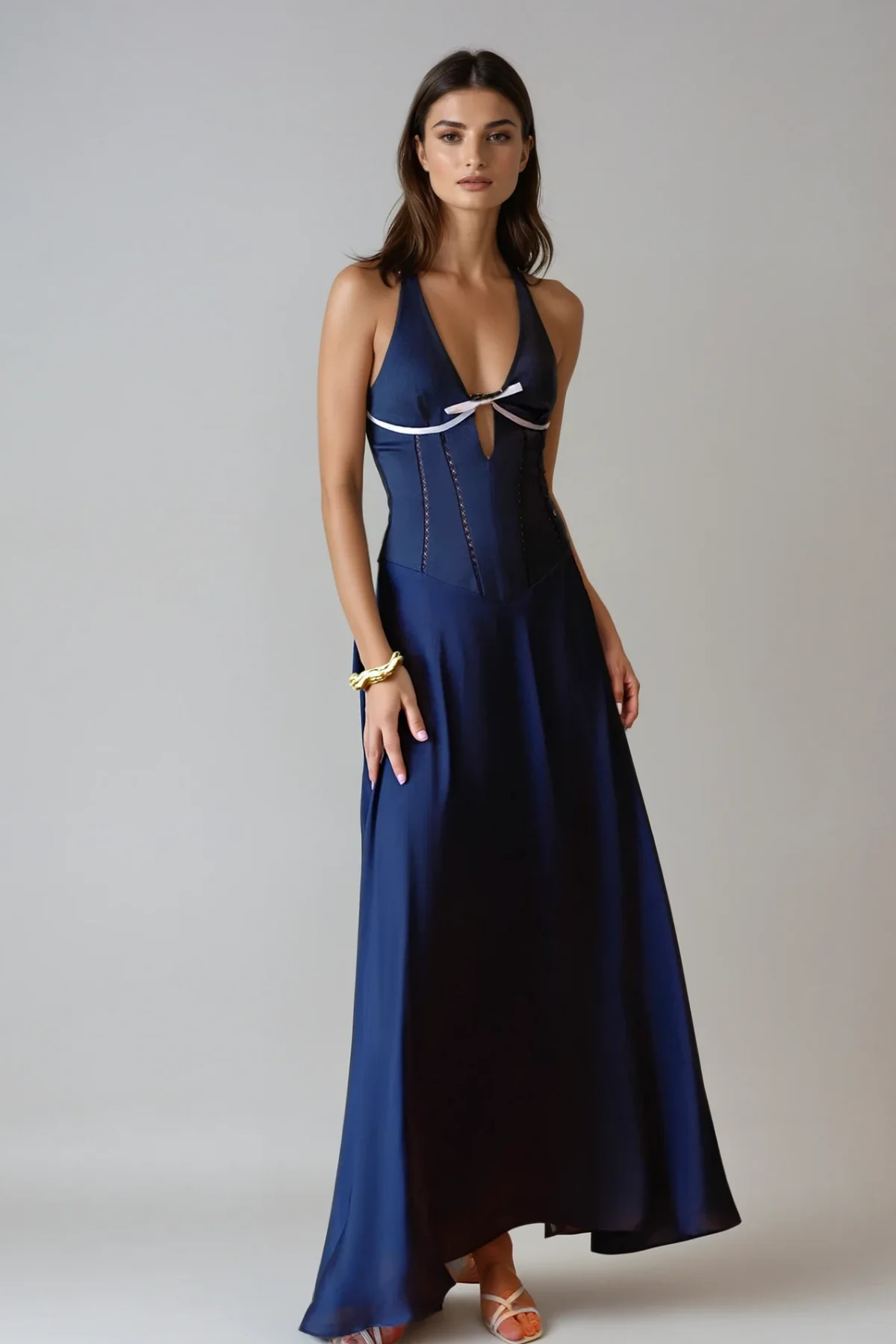 Blue Halter Neck Corset Maxi Dress
