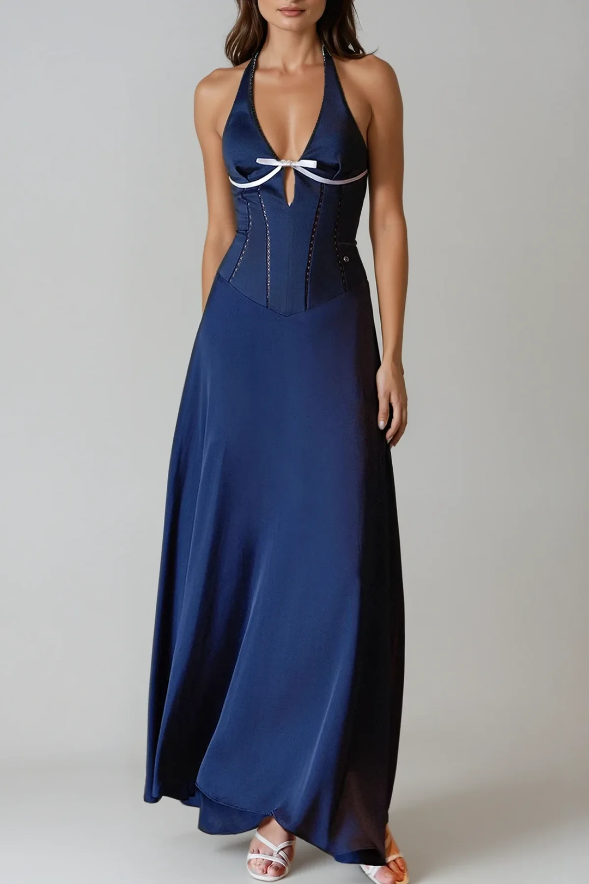 Blue Halter Neck Corset Maxi Dress