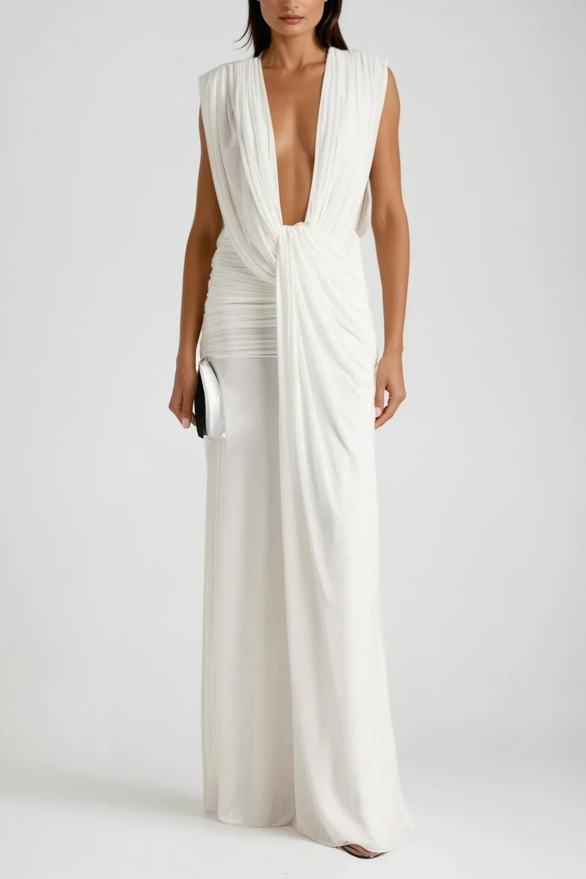 White Plunge Ruched Asymmetric Maxi Dress