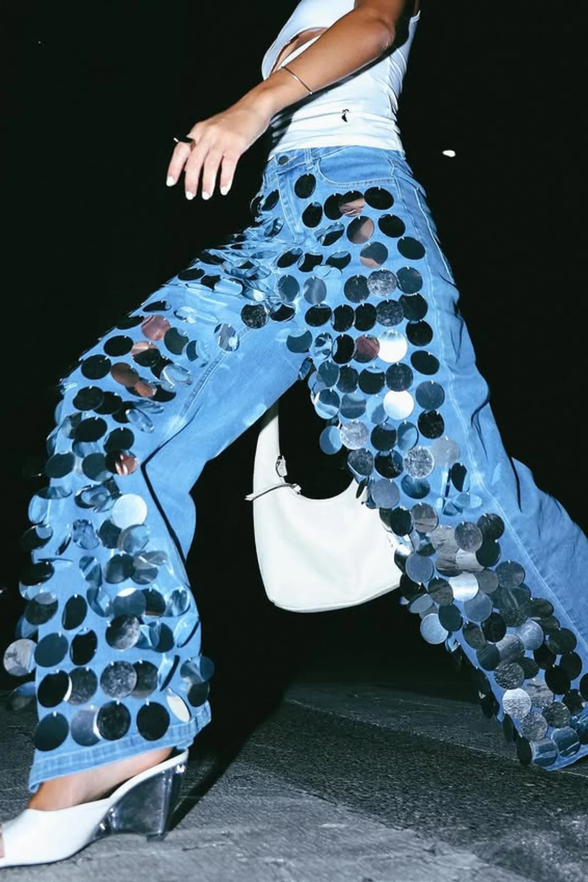Sequin Embellished Bell Bottom Jeans in Blue