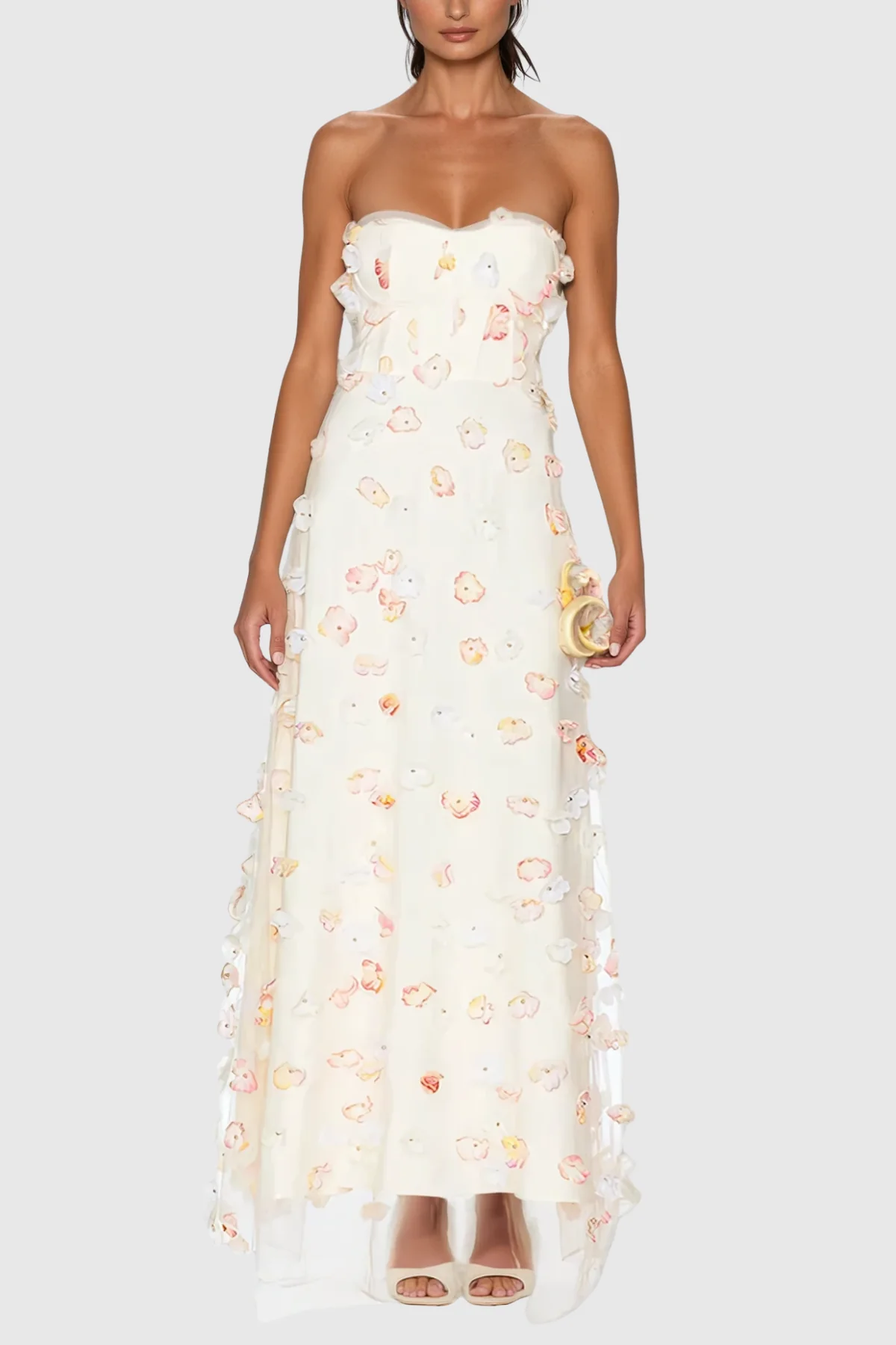 White Floral Strapless Maxi Dress Stylish Design