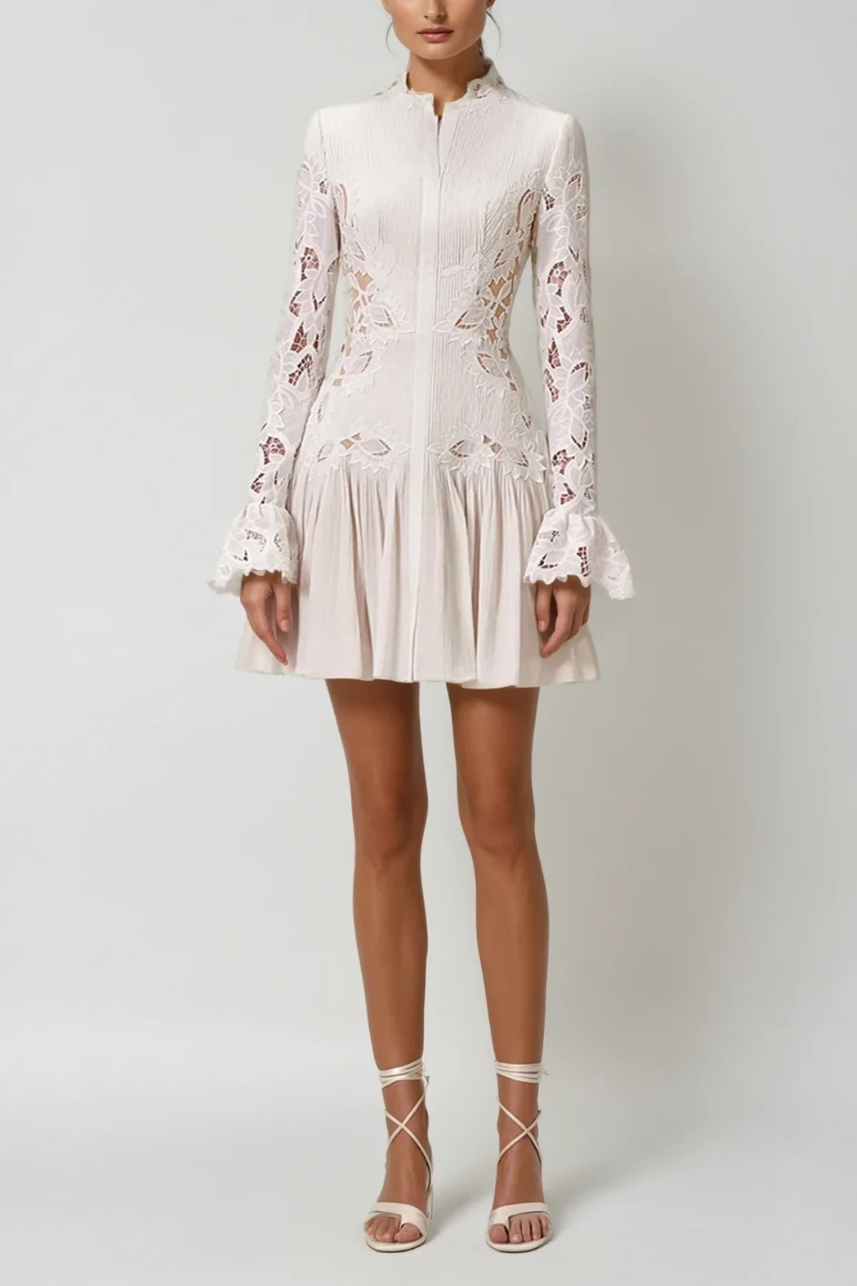 Elegant Lace Ruched Mini Dress in Ethereal White