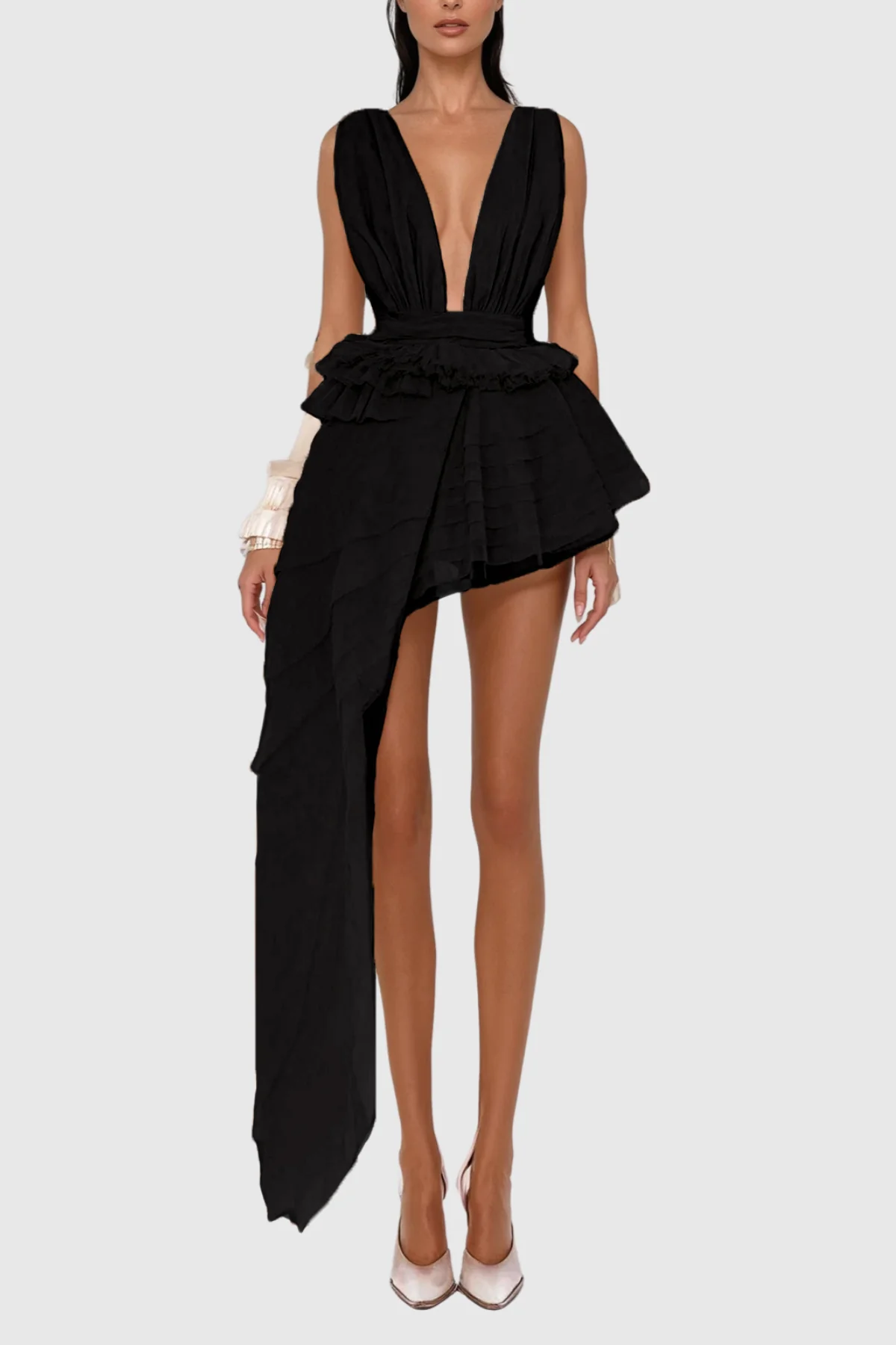 Asymmetric Black Mesh Mini Dress - Elegant Contemporary Design