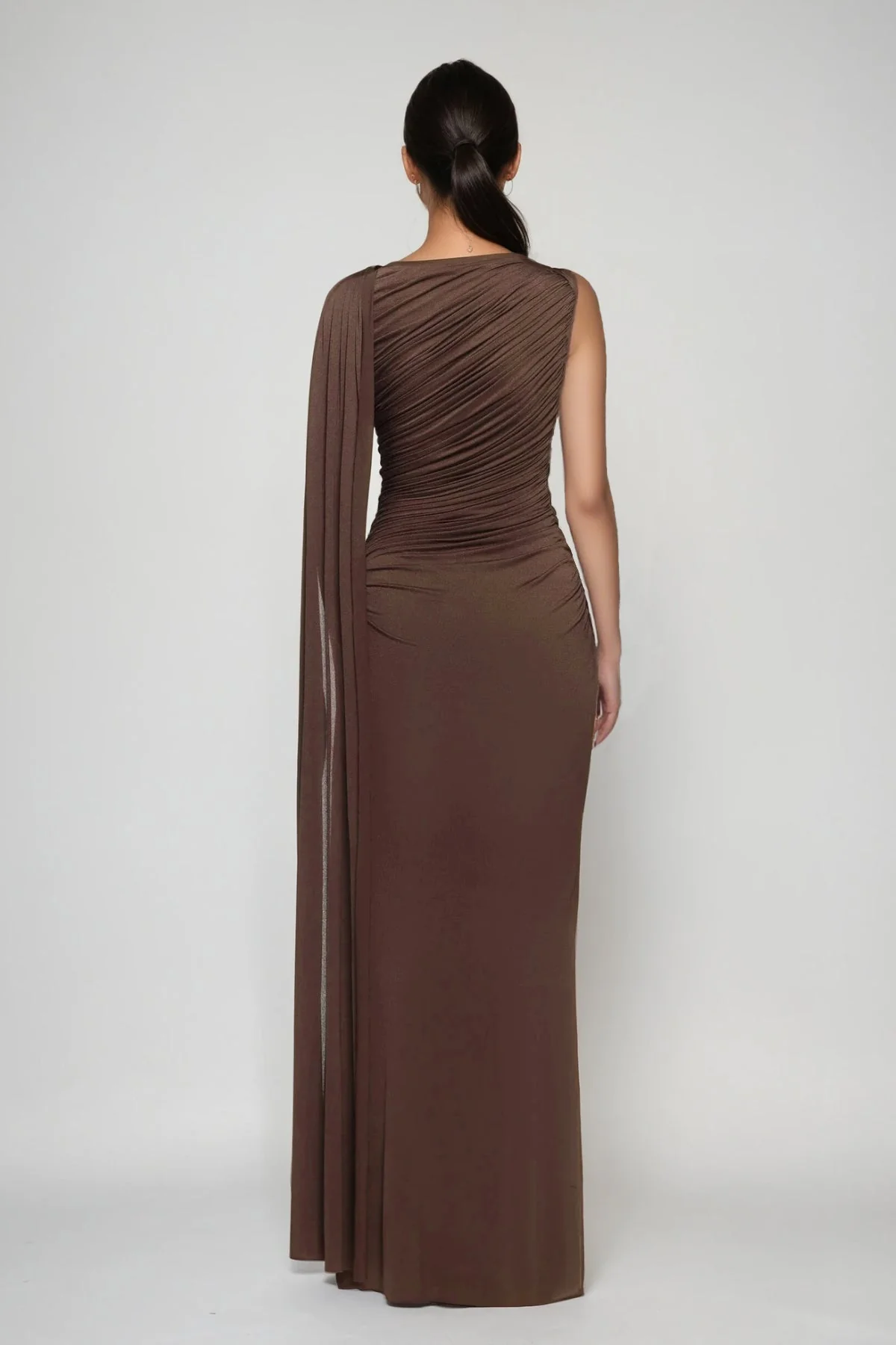 Brown Ruch Shawl Maxi Dress - Elegant Formal Wear