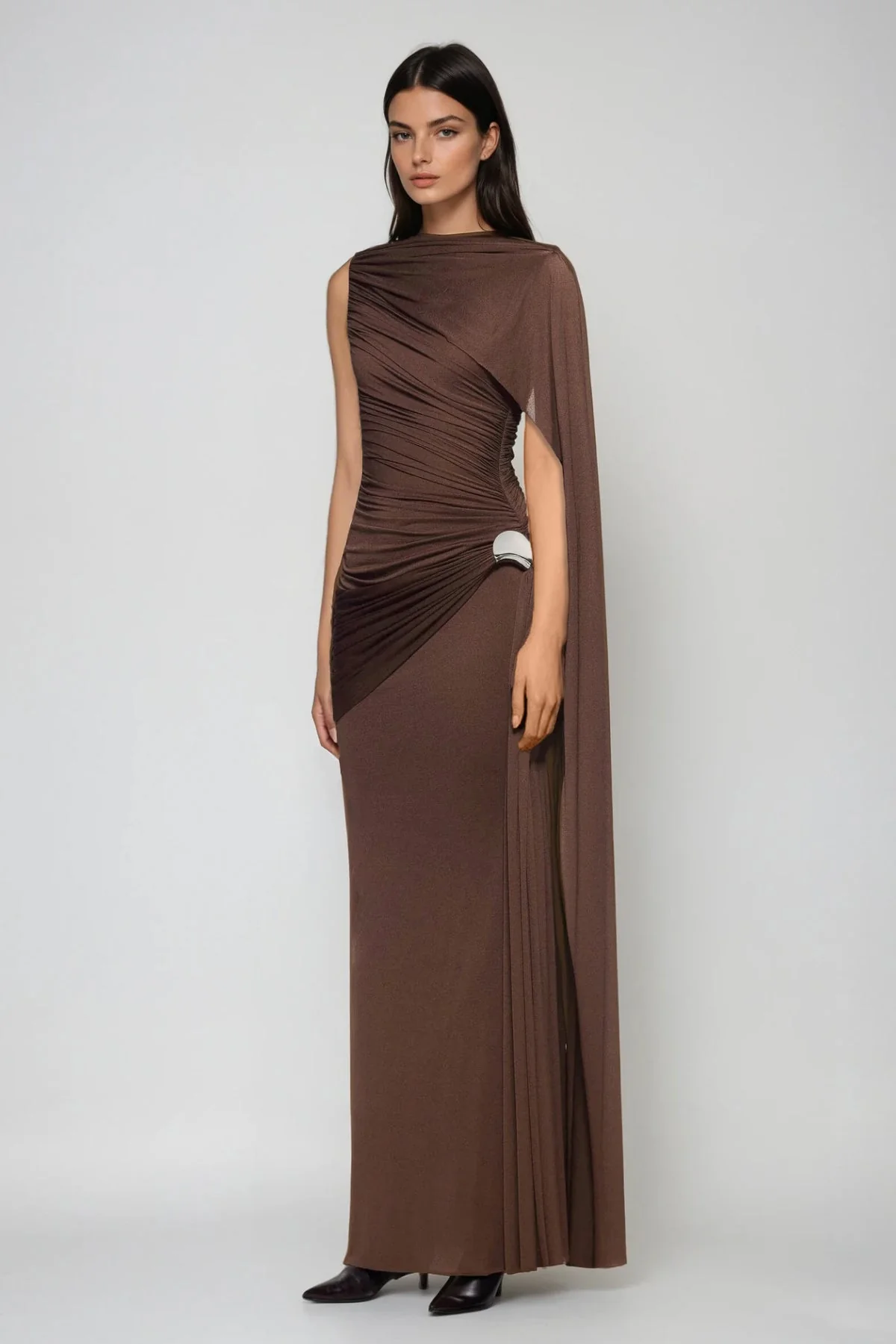Brown Ruch Shawl Maxi Dress - Elegant Formal Wear