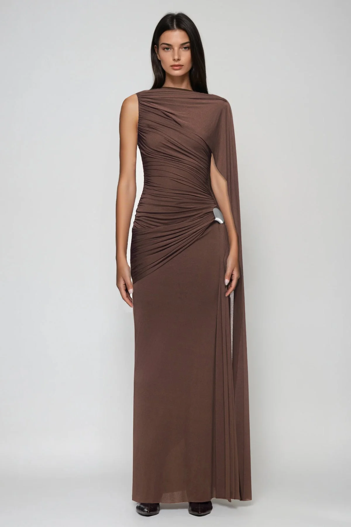 Brown Ruch Shawl Maxi Dress - Elegant Formal Wear