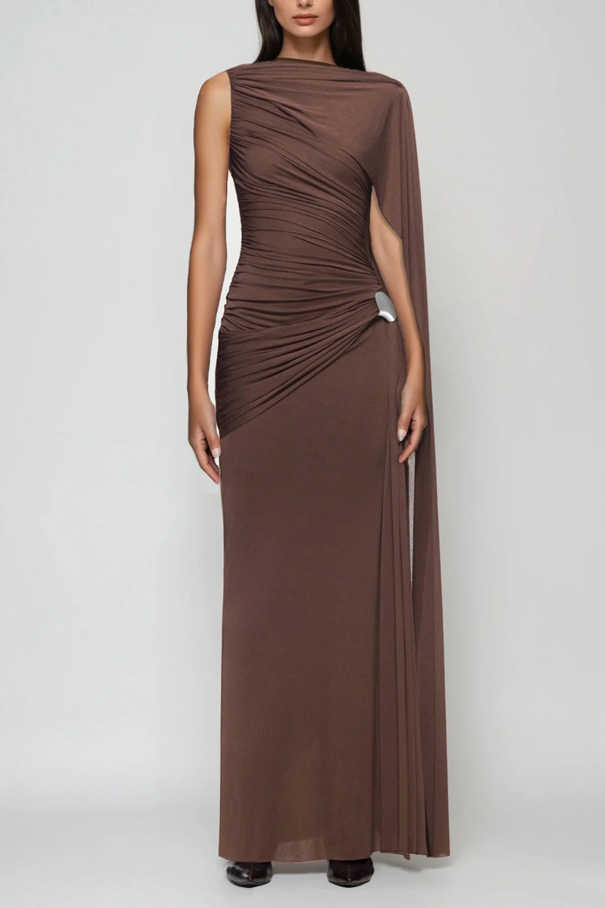Brown Ruch Shawl Maxi Dress - Elegant Formal Wear