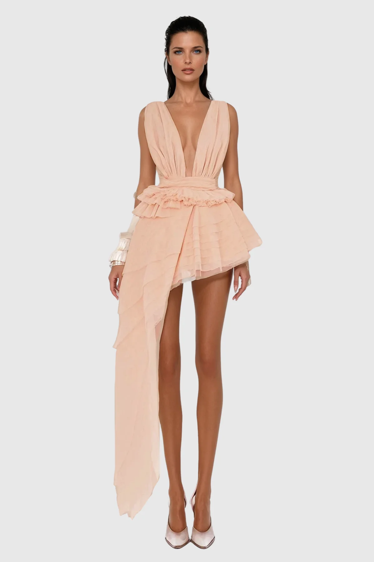 Apricot Mesh Asymmetric Mini Dress - Stylish Occasion Wear