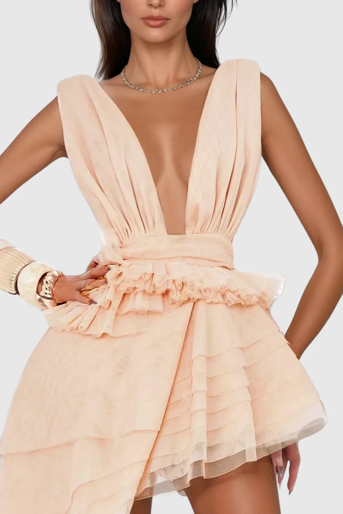 Apricot Mesh Asymmetric Mini Dress - Stylish Occasion Wear